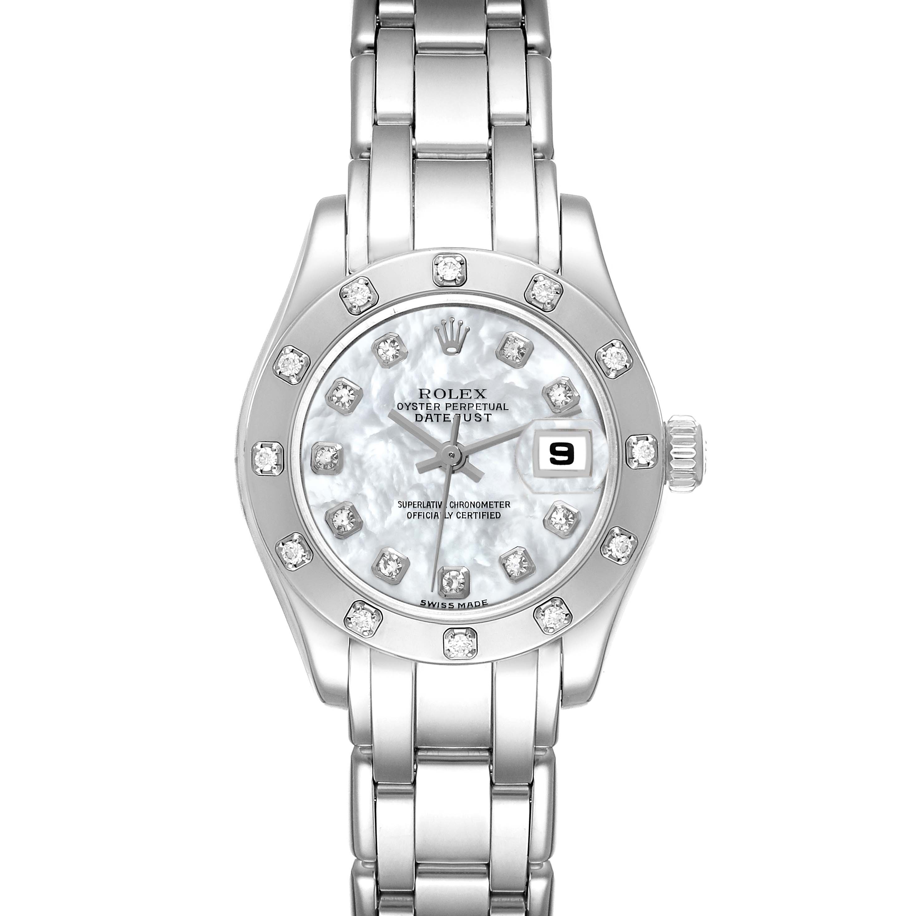 The image shows a front view of the Rolex Pearlmaster 80319 Women
s White Gold Mother of Pearl Dial 80319 Women
s White Gold Mother of Pearl Dial watch, displaying its dial, bezel, bracelet, and crown.