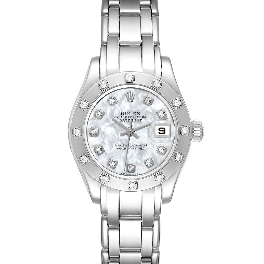 The image shows a front view of the Rolex Pearlmaster watch, displaying its dial, bezel, bracelet, and crown.