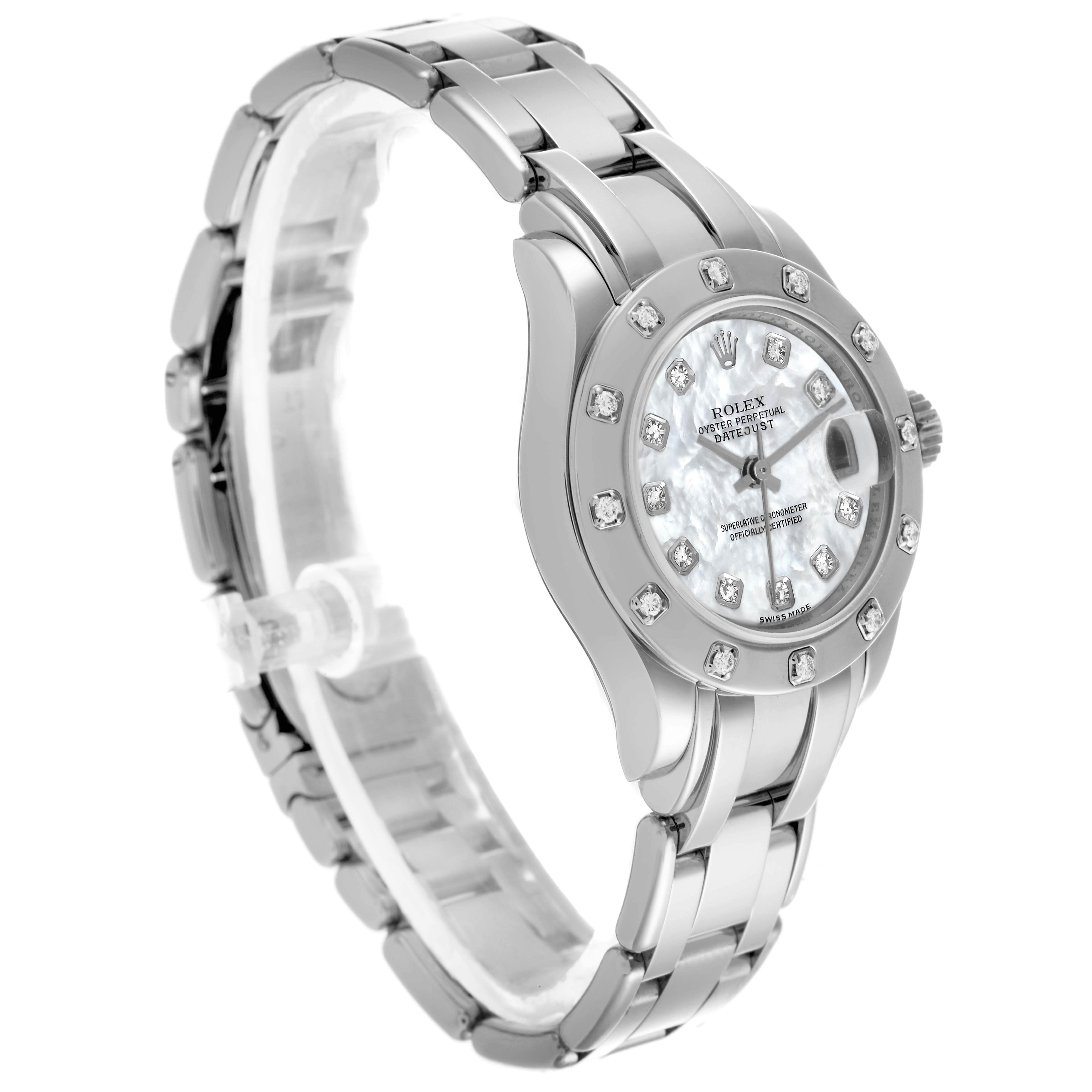 The Rolex Pearlmaster 80319 Women
s White Gold Mother of Pearl Dial 80319 Women
s White Gold Mother of Pearl Dial watch is shown at a three-quarter angle, displaying the bracelet, case, and diamond bezel.