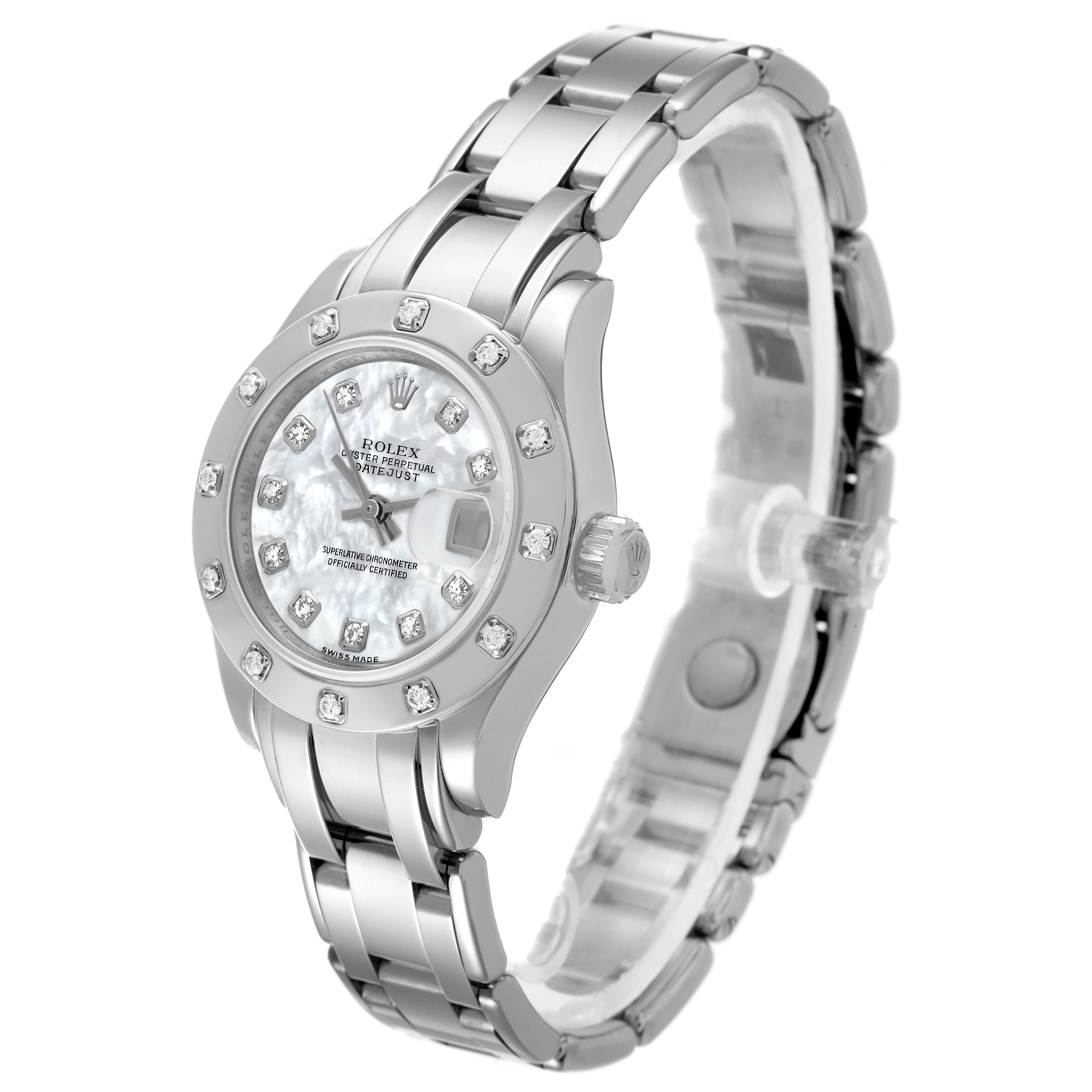 The Rolex Pearlmaster 80319 Women
s White Gold Mother of Pearl Dial 80319 Women
s White Gold Mother of Pearl Dial watch is shown at a three-quarter angle, highlighting the face, bezel, crown, and bracelet.