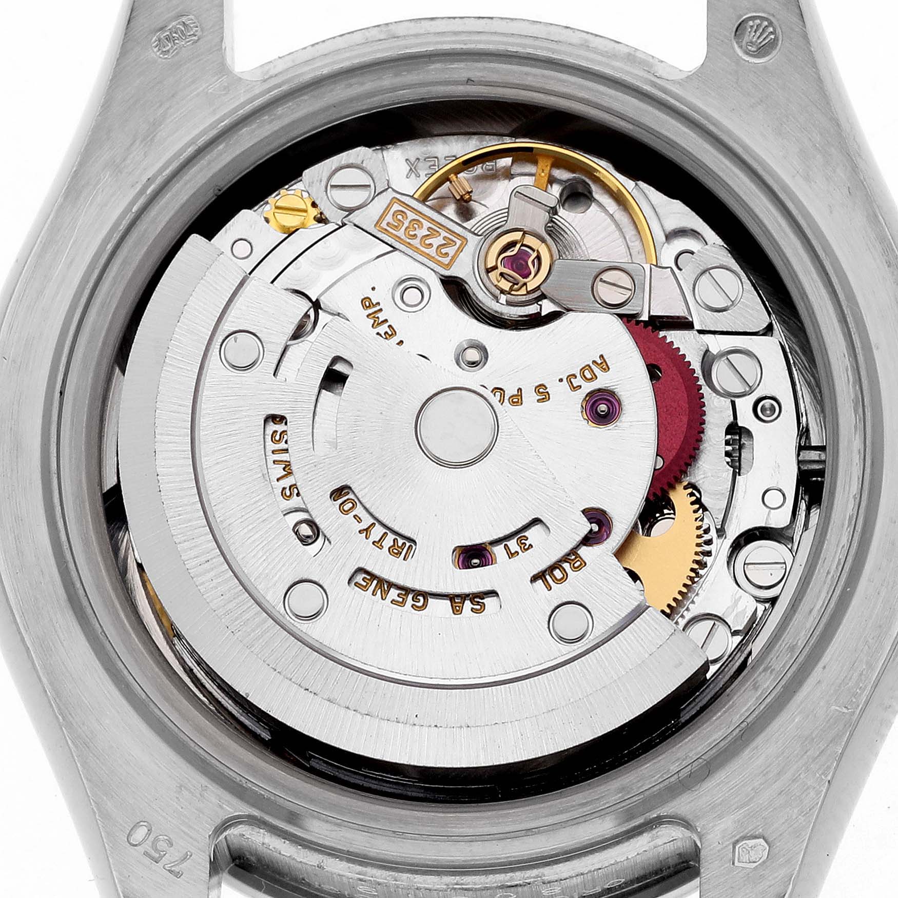 The image shows the back view of a Rolex Pearlmaster 80319 Women
s White Gold Mother of Pearl Dial 80319 Women
s White Gold Mother of Pearl Dial, revealing its internal mechanical movement.