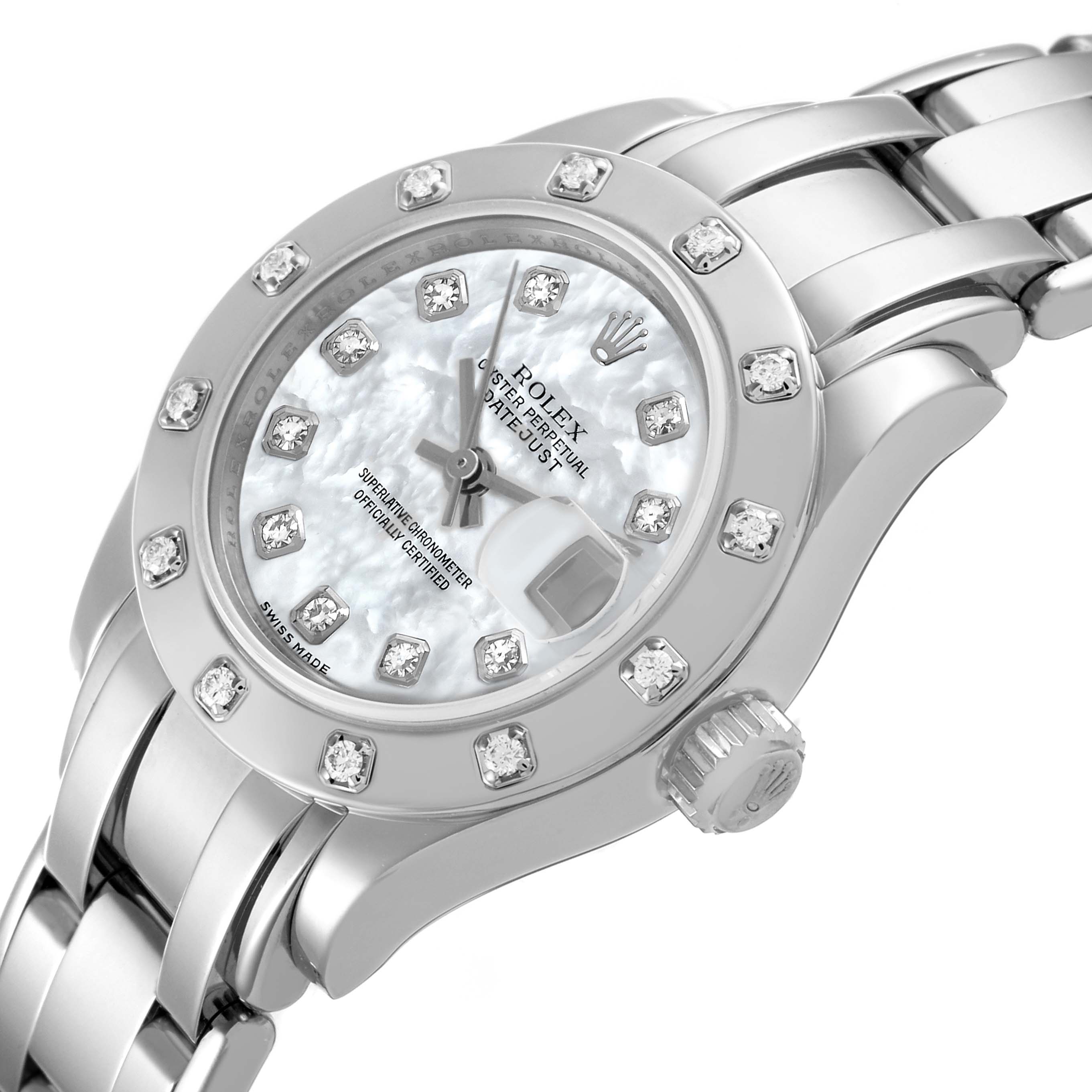 The Rolex Pearlmaster 80319 Women
s White Gold Mother of Pearl Dial 80319 Women
s White Gold Mother of Pearl Dial watch is shown at a slight angle, highlighting its face, bezel, bracelet, and crown.