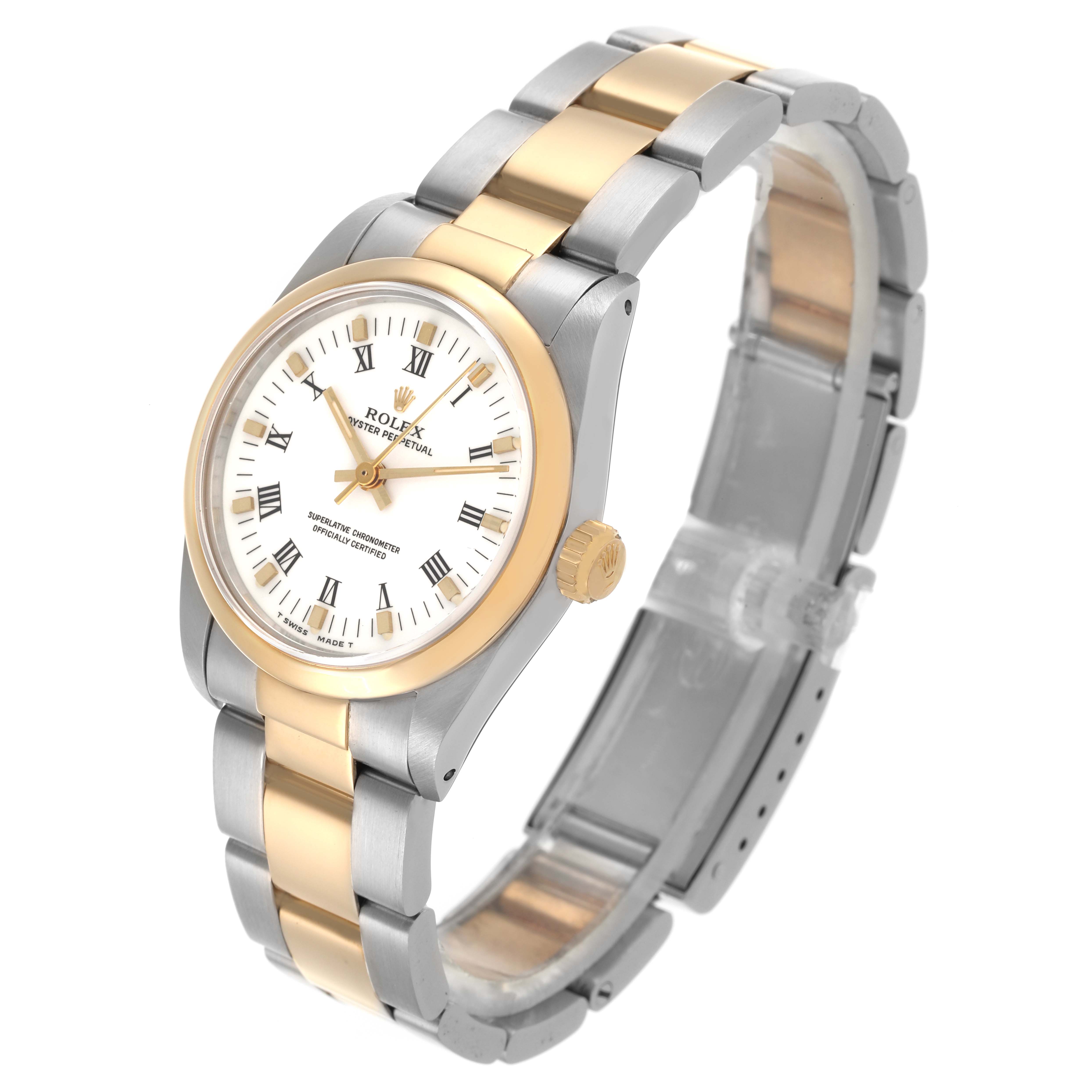 The Rolex Mid-Size 67483 Women's Steel and Gold (two tone) White Dial 67483 Women's Steel and Gold (two tone) White Dial watch is shown at a slight angle, highlighting the dial, bezel, and bracelet.