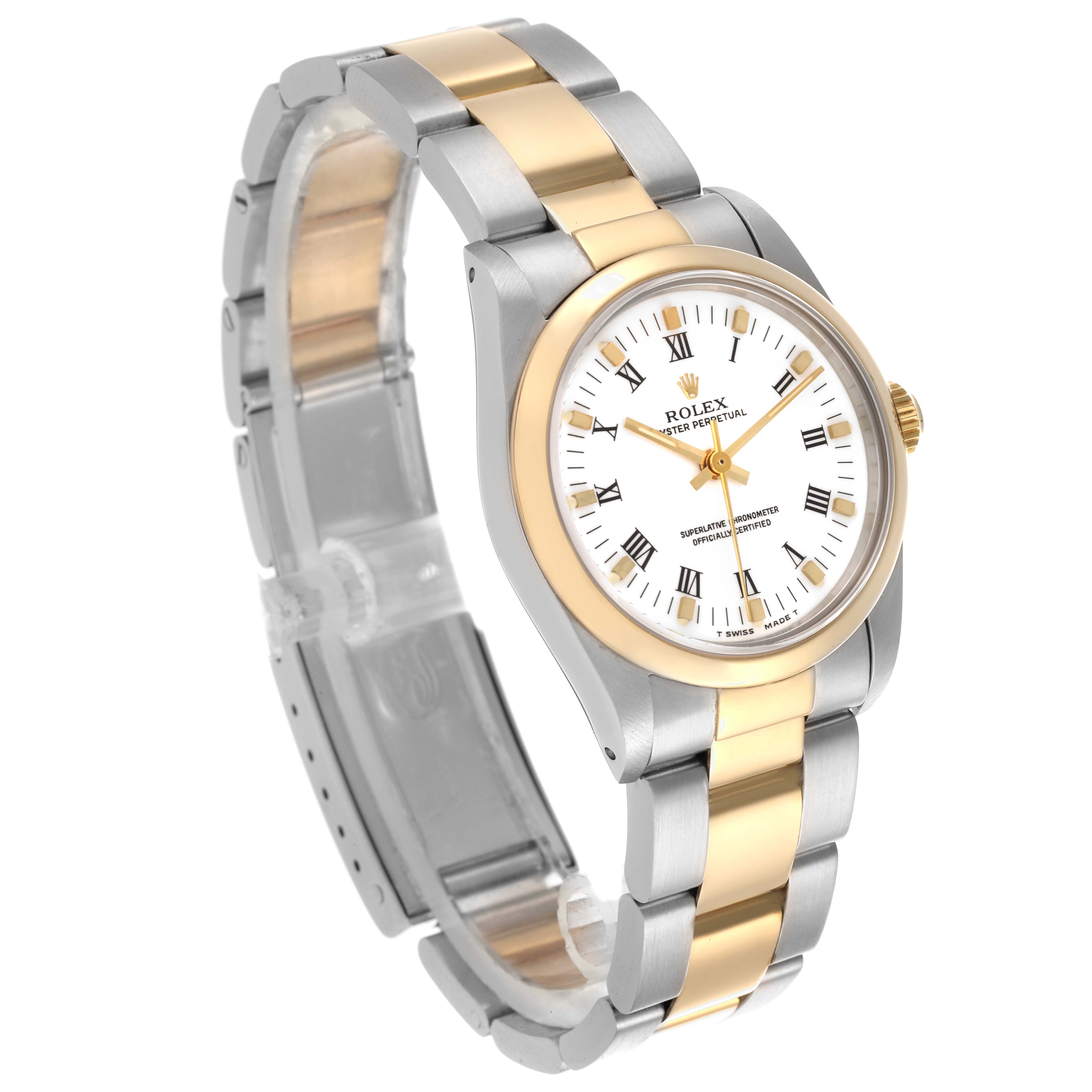 The Rolex Mid-Size 67483 Women's Steel and Gold (two tone) White Dial 67483 Women's Steel and Gold (two tone) White Dial watch is angled slightly from the front, showing its two-tone bracelet, bezel, and white dial with Roman numerals.
