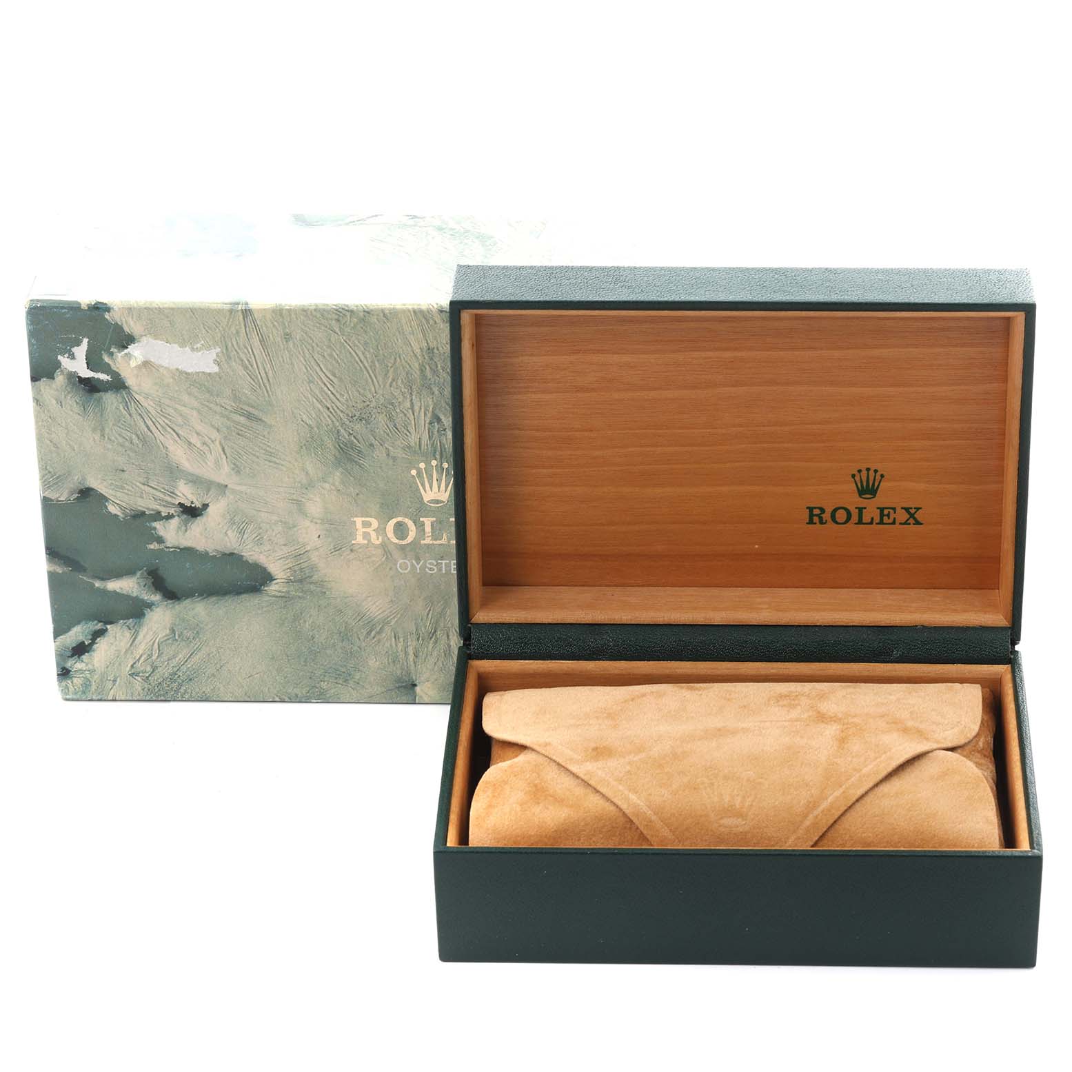The image shows an open Rolex watch box with a suede pouch, featuring branding and packaging for a Mid-Size model.