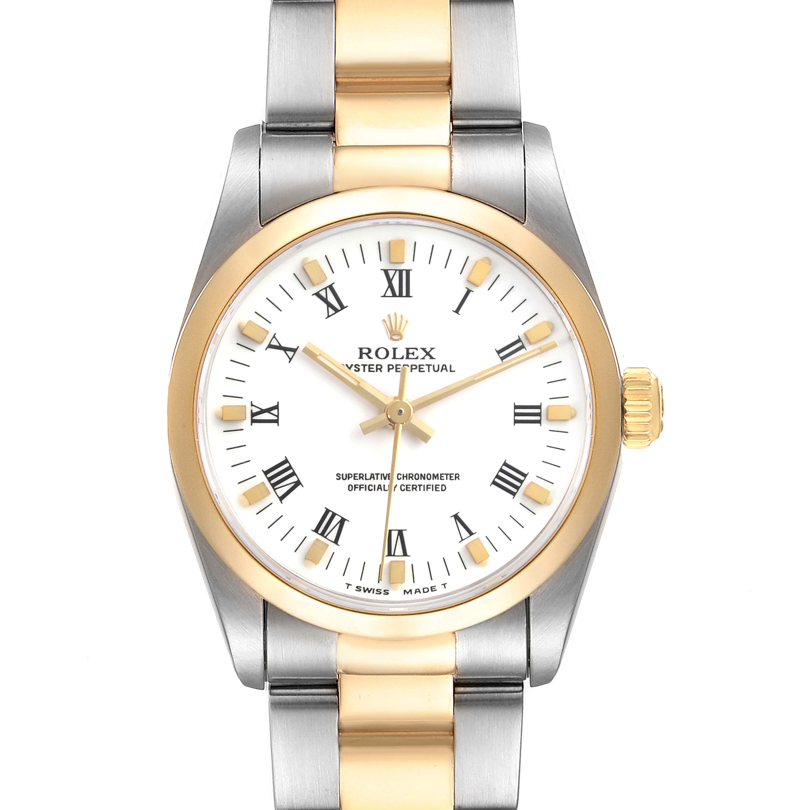 The Rolex Mid-Size 67483 Women's Steel and Gold (two tone) White Dial 67483 Women's Steel and Gold (two tone) White Dial model is shown from a front angle, displaying the face, bezel, and partial bracelet.
