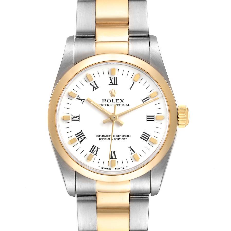 The Rolex Mid-Size model is shown from a front angle, displaying the face, bezel, and partial bracelet.