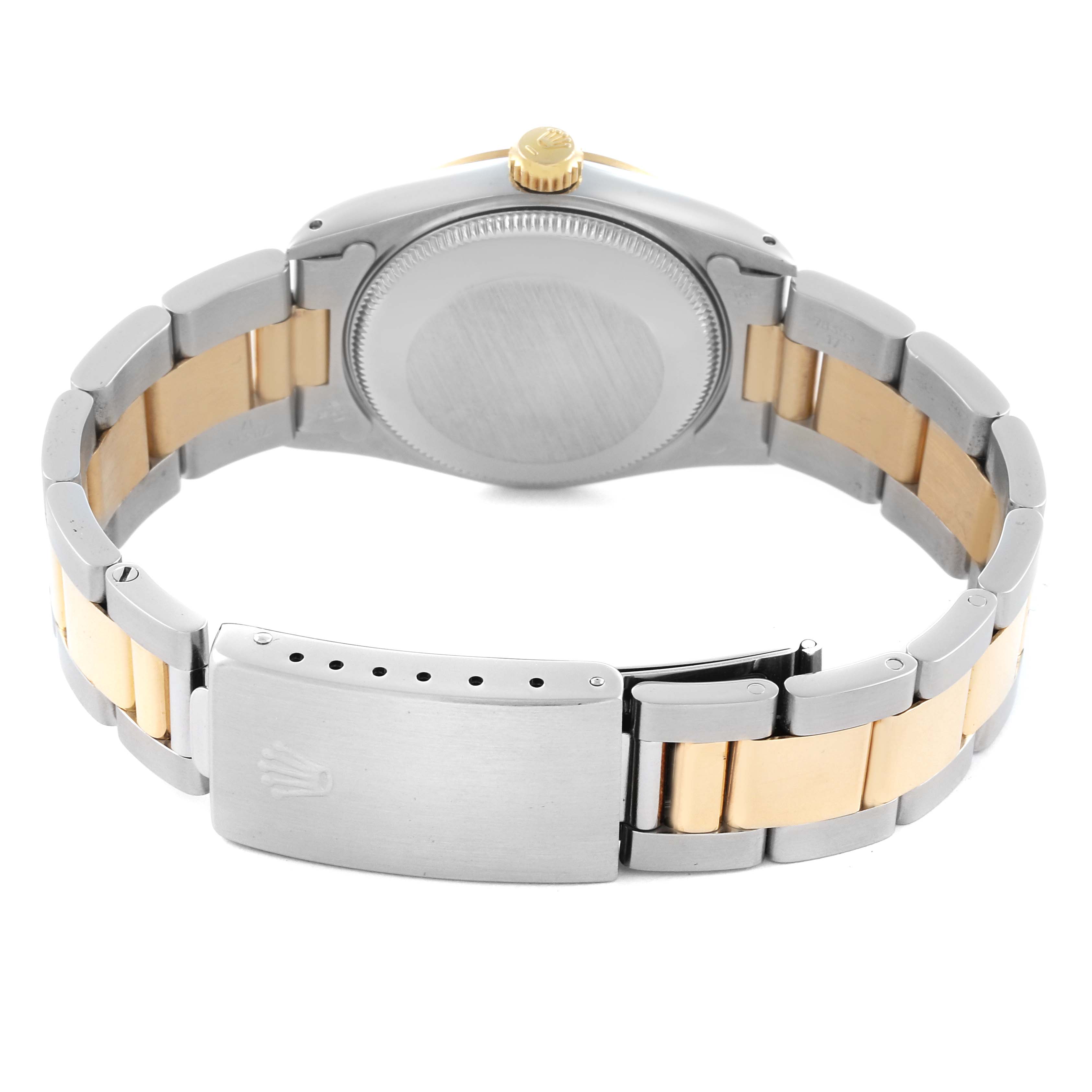The Rolex Mid-Size 67483 Women's Steel and Gold (two tone) White Dial 67483 Women's Steel and Gold (two tone) White Dial watch is shown from the back, featuring the case back and two-tone bracelet with a clasp.