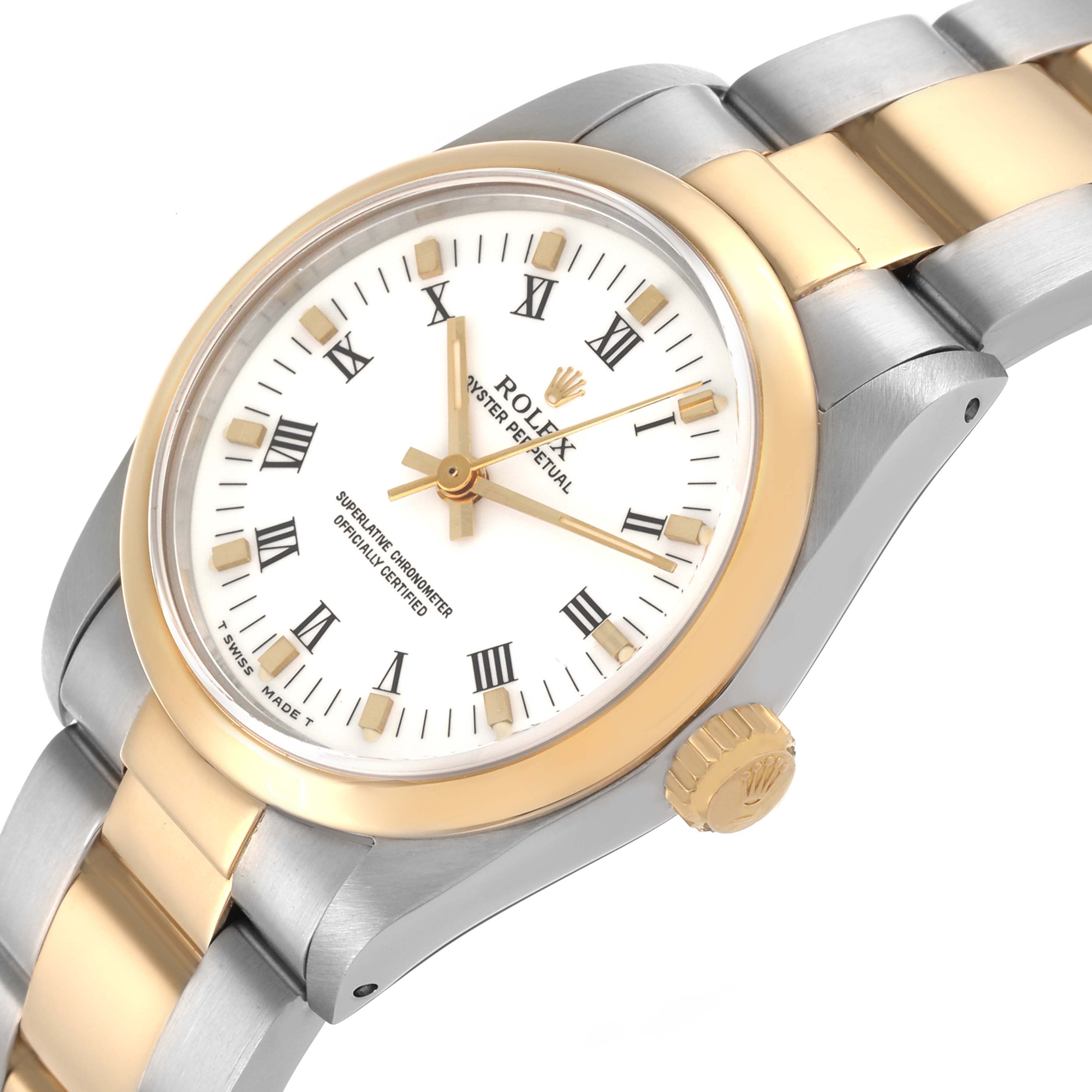 The Rolex Mid-Size 67483 Women's Steel and Gold (two tone) White Dial 67483 Women's Steel and Gold (two tone) White Dial watch is shown at an angled view highlighting the dial, case, crown, and two-tone bracelet.