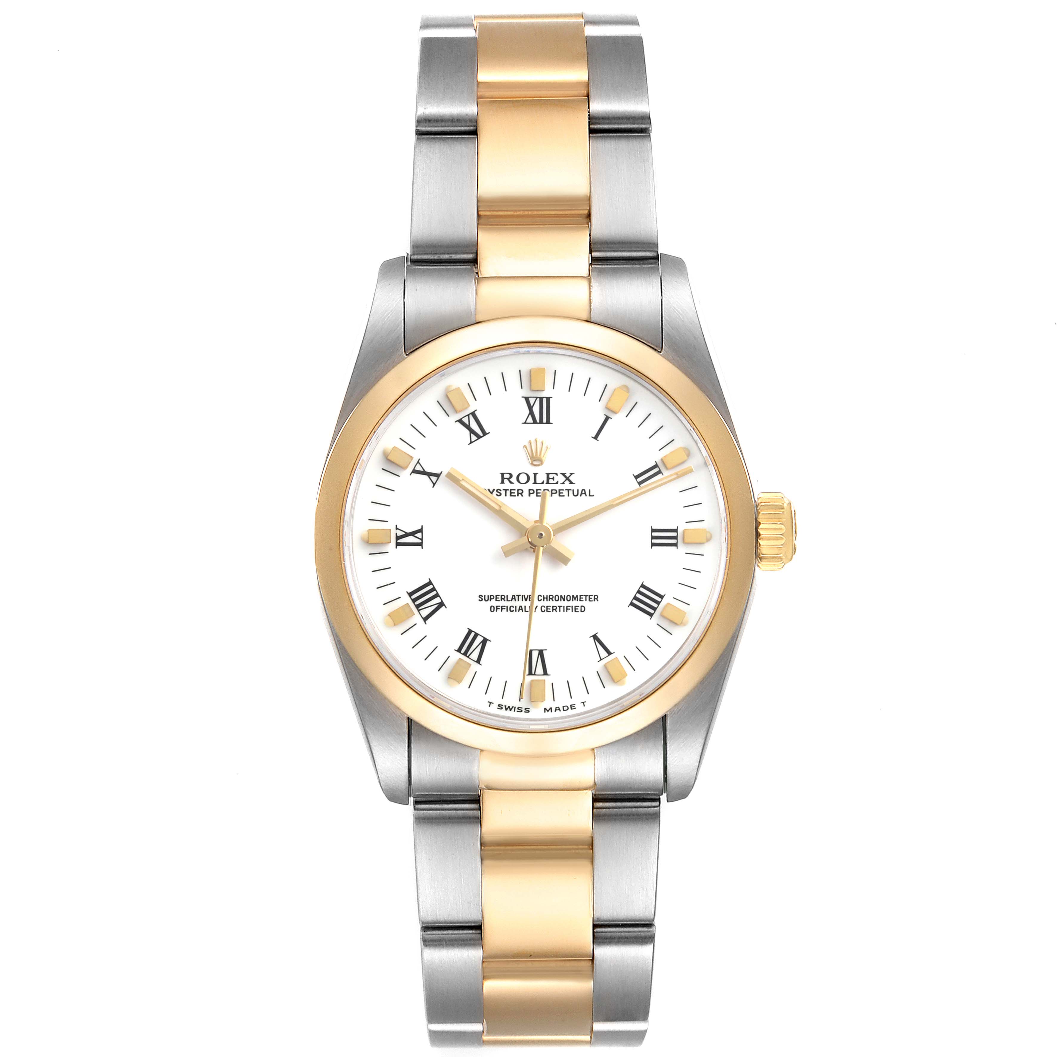 The Rolex Mid-Size 67483 Women's Steel and Gold (two tone) White Dial 67483 Women's Steel and Gold (two tone) White Dial watch is shown from a top-down angle, displaying the face, bezel, and bracelet.