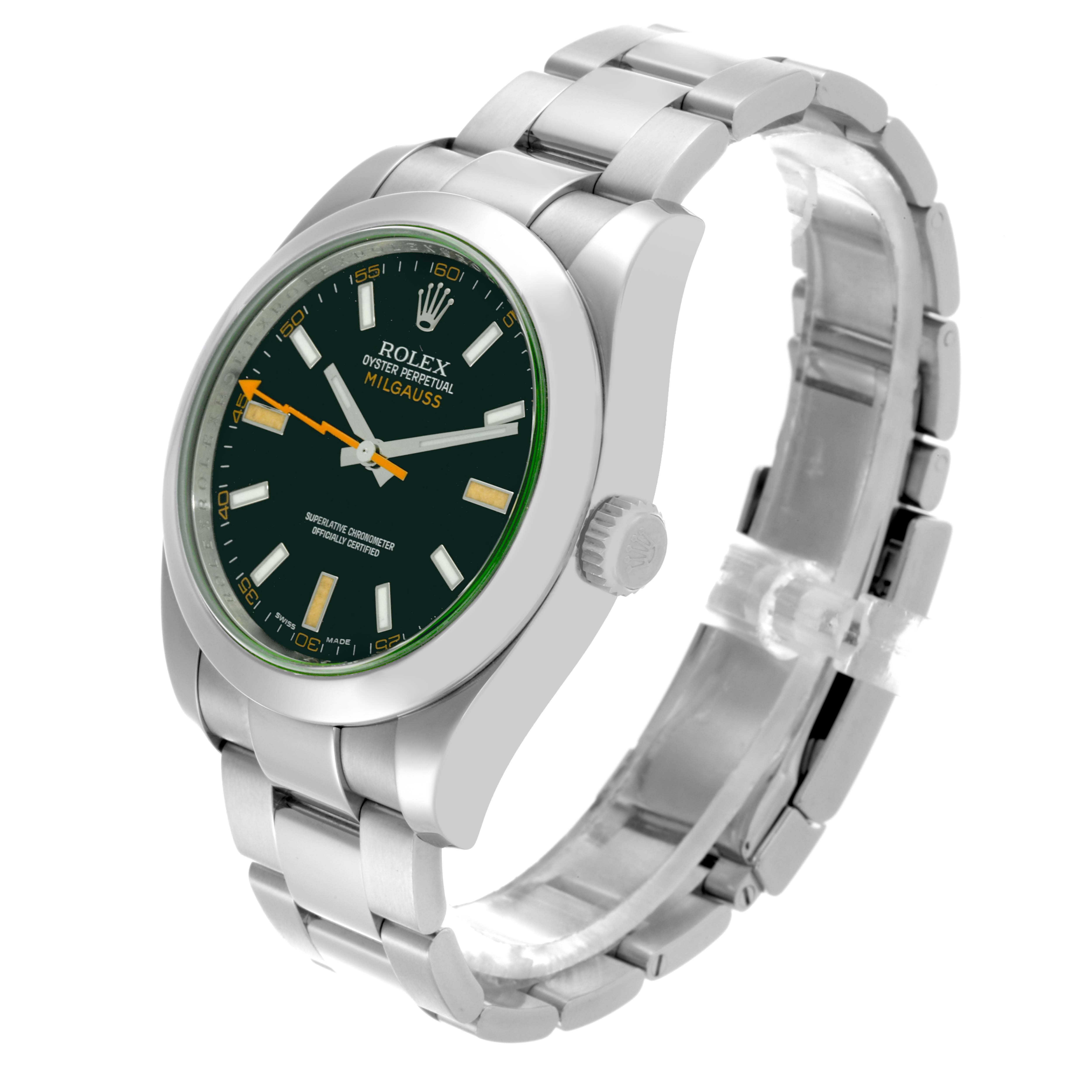 The Rolex Milgauss 116400 Men's Stainless Steel Black Dial 116400 Men's Stainless Steel Black Dial watch is shown at a three-quarter angle, displaying the face, bezel, and bracelet.