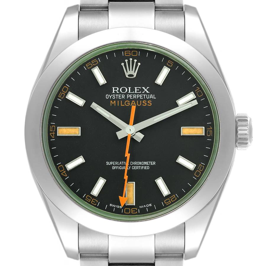 The image shows a front view of the Rolex Milgauss watch, highlighting the dial, hands, case, and part of the bracelet.