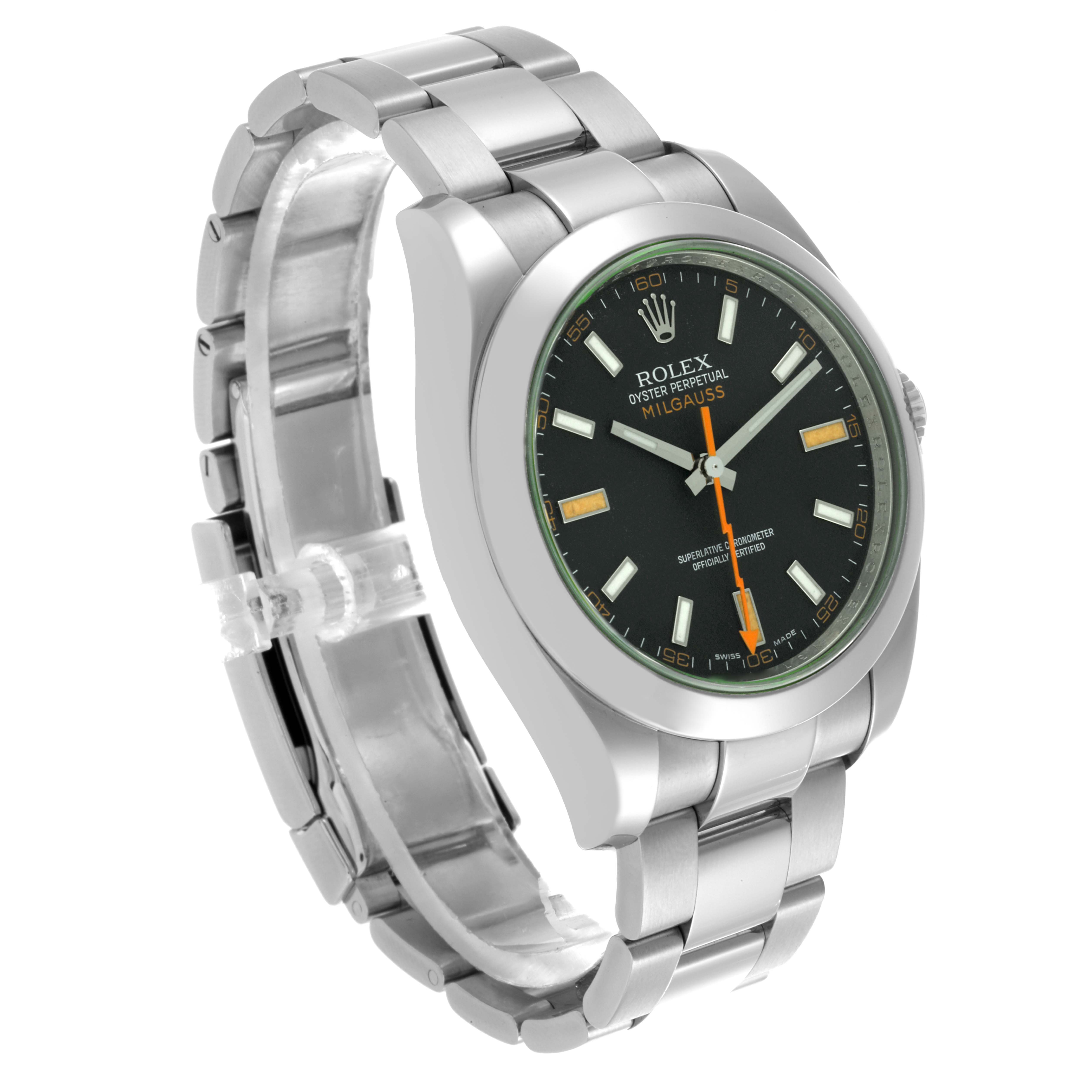 The Rolex Milgauss 116400 Men's Stainless Steel Black Dial 116400 Men's Stainless Steel Black Dial watch is shown from a three-quarter angle, displaying its face, bezel, and part of the bracelet.