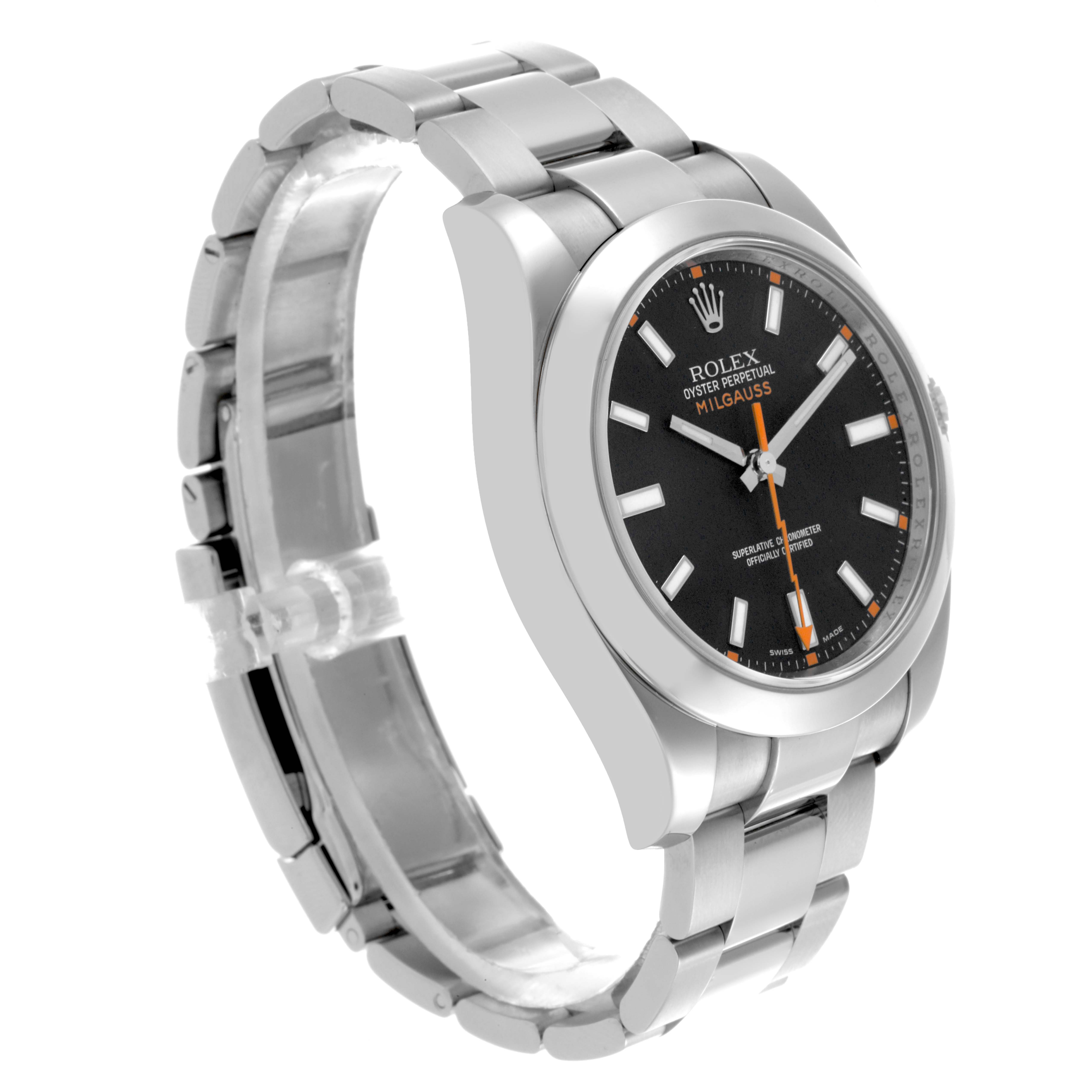 The Rolex Milgauss 116400 Men's Stainless Steel Black Dial 116400 Men's Stainless Steel Black Dial watch is shown at an angled side view, displaying the face, case, and partial bracelet.