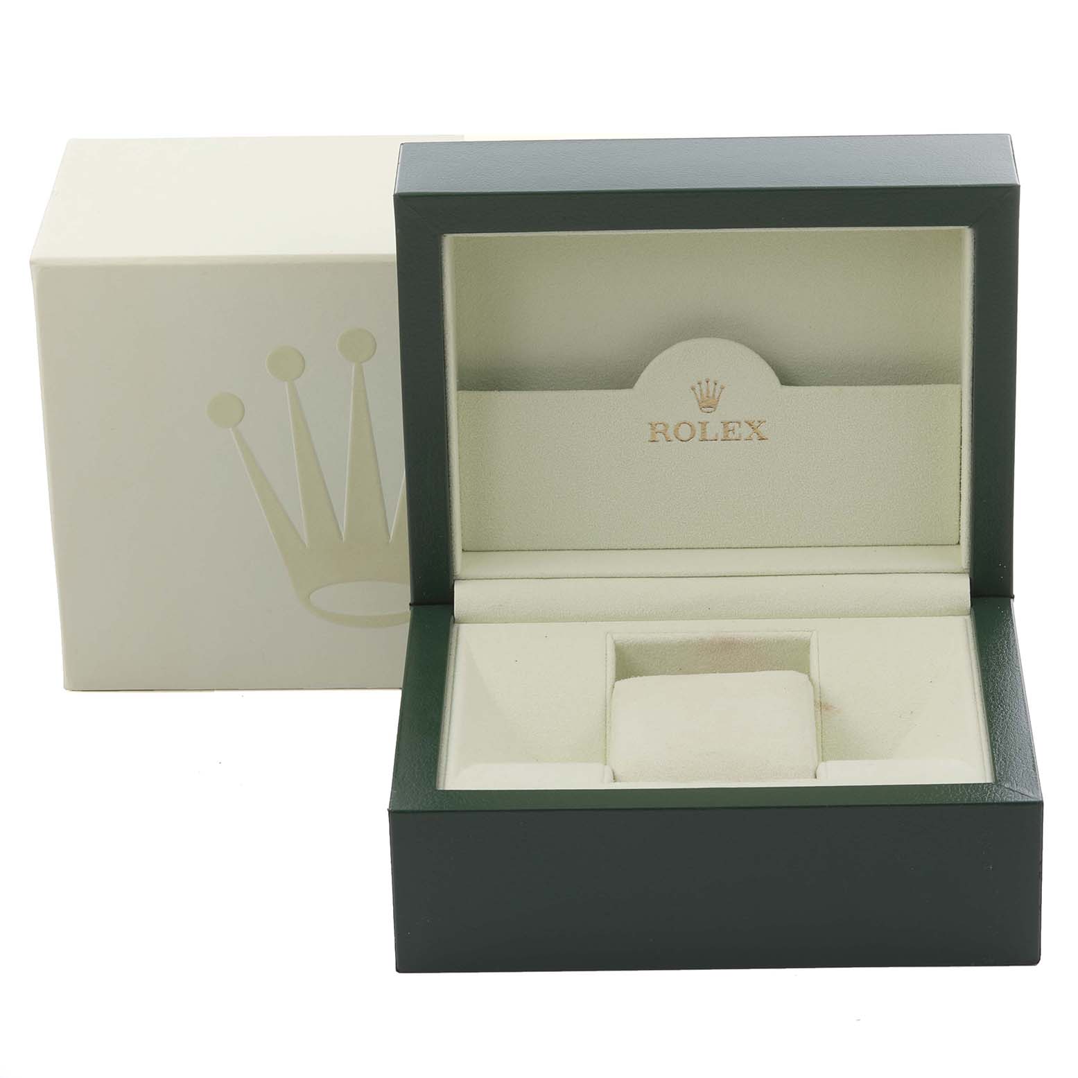 The image shows the open box for a Rolex Milgauss 116400 Men's Stainless Steel Black Dial 116400 Men's Stainless Steel Black Dial, revealing its interior lining and logo.