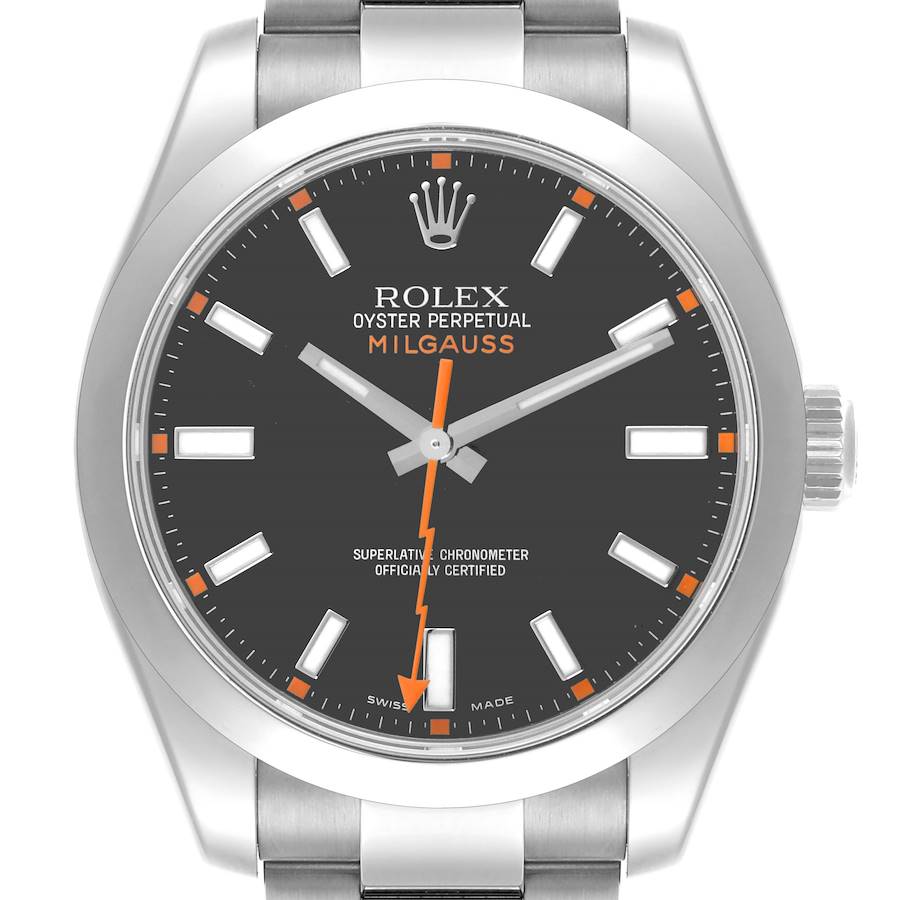 The Rolex Milgauss watch is shown from a front angle, highlighting the face, crown, and part of the metal strap.