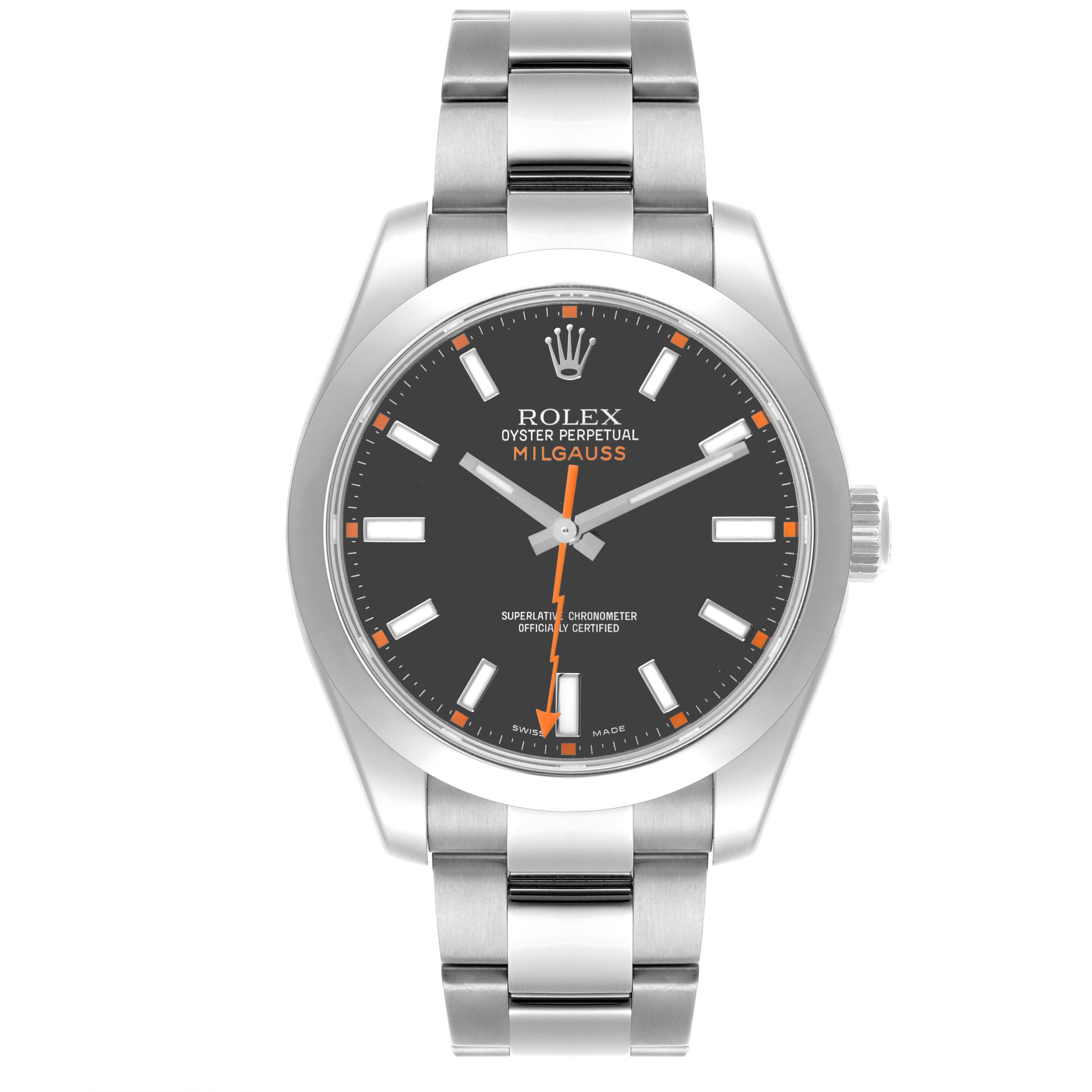 The Rolex Milgauss 116400 Men's Stainless Steel Black Dial 116400 Men's Stainless Steel Black Dial watch is shown from a front angle, displaying the full face and bracelet.