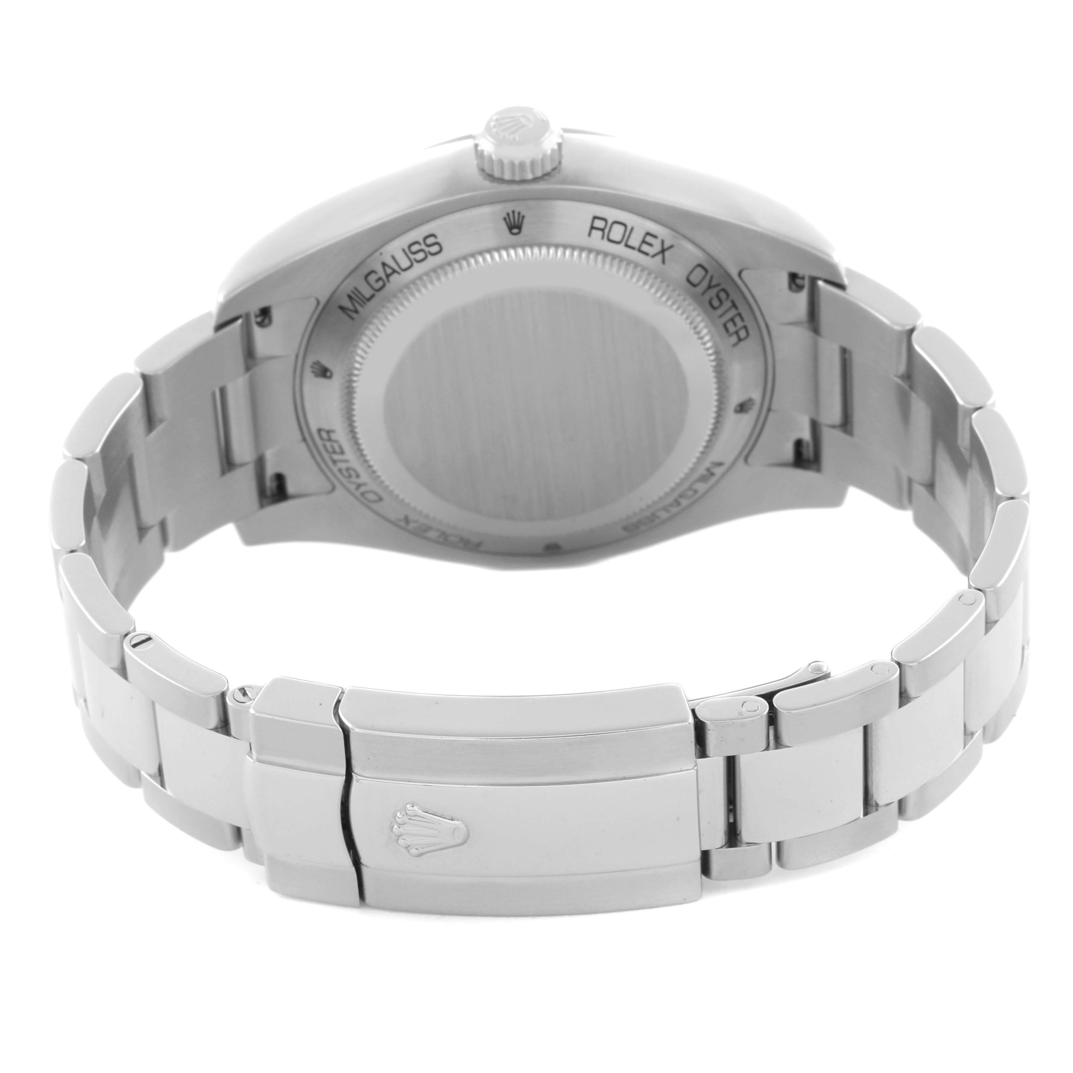 The image shows the back view of the Rolex Milgauss 116400 Men's Stainless Steel Black Dial 116400 Men's Stainless Steel Black Dial watch, highlighting the bracelet and clasp.