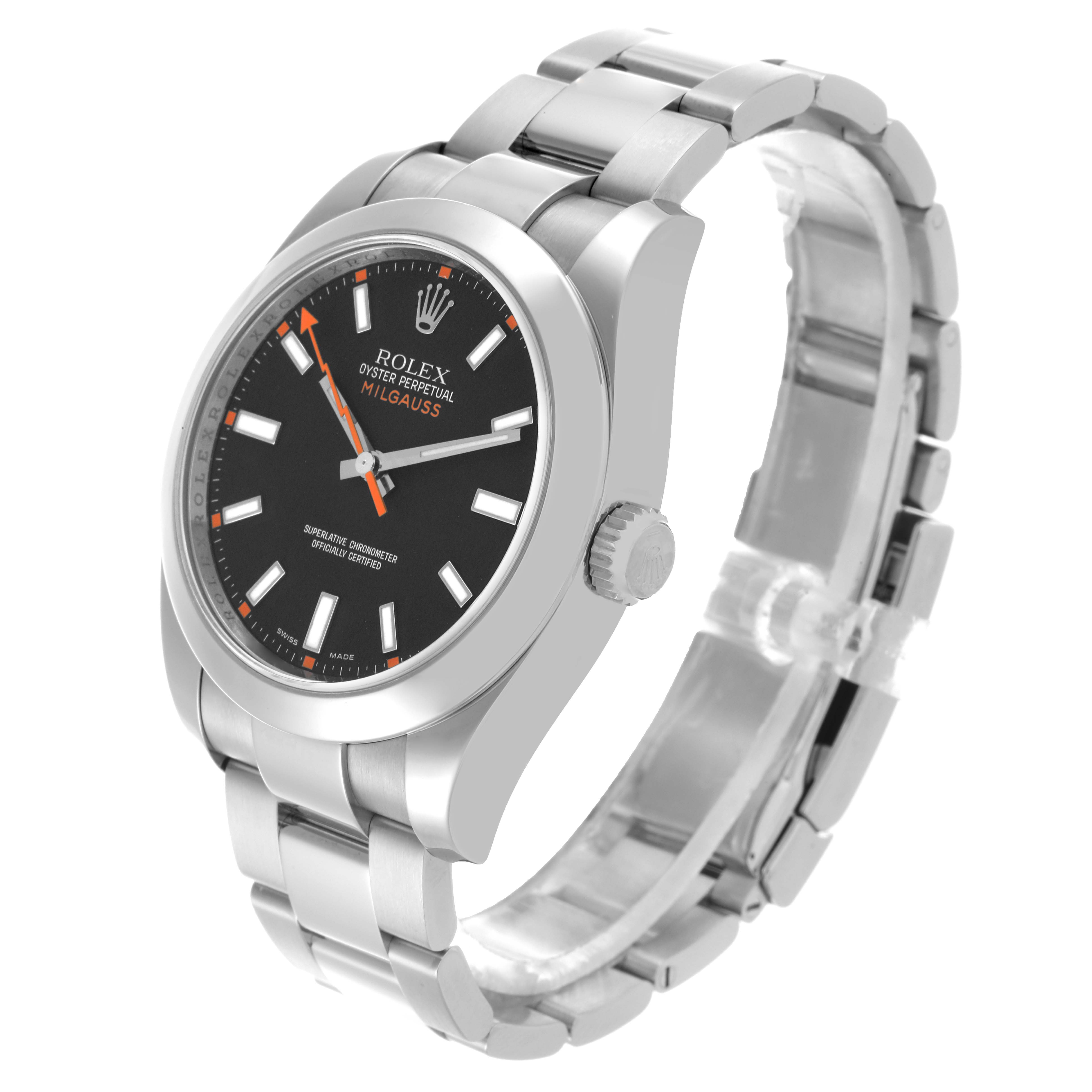 The Rolex Milgauss 116400 Men's Stainless Steel Black Dial 116400 Men's Stainless Steel Black Dial watch is shown at a three-quarter angle, highlighting the dial, case, bracelet, and crown.