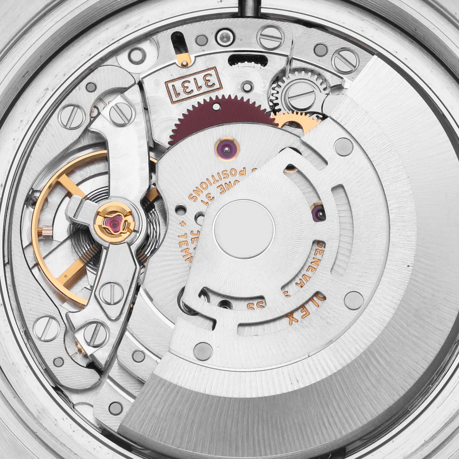 The image shows a close-up of the Rolex Milgauss 116400 Men's Stainless Steel Black Dial 116400 Men's Stainless Steel Black Dial movement, highlighting gears, rotors, and intricate internal components.