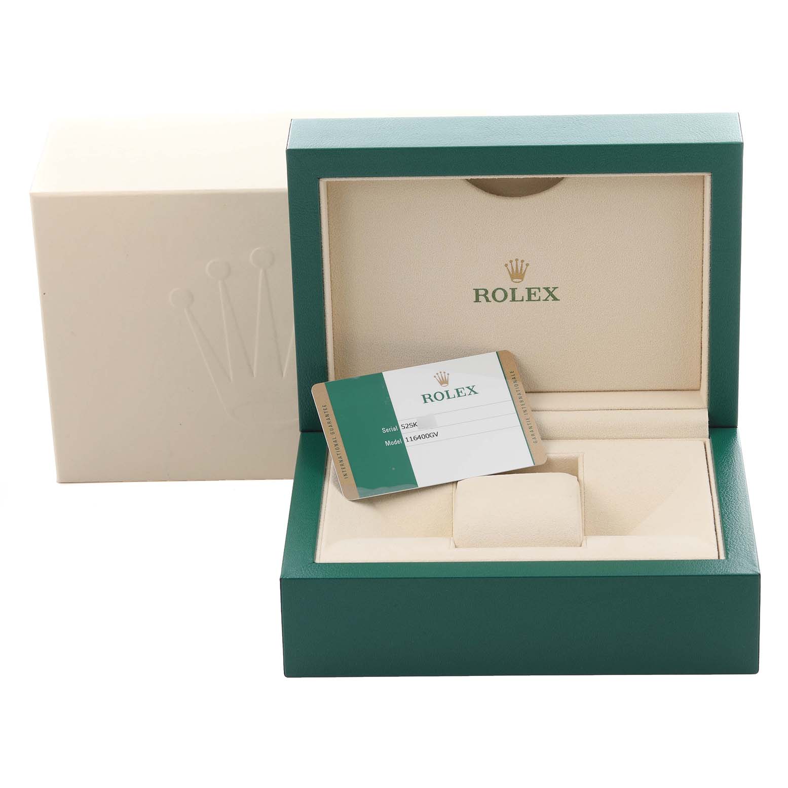 The image shows a Rolex Milgauss 116400GV Men's Stainless Steel Blue Dial 116400GV Men's Stainless Steel Blue Dial watch box and warranty card, viewed from the front.