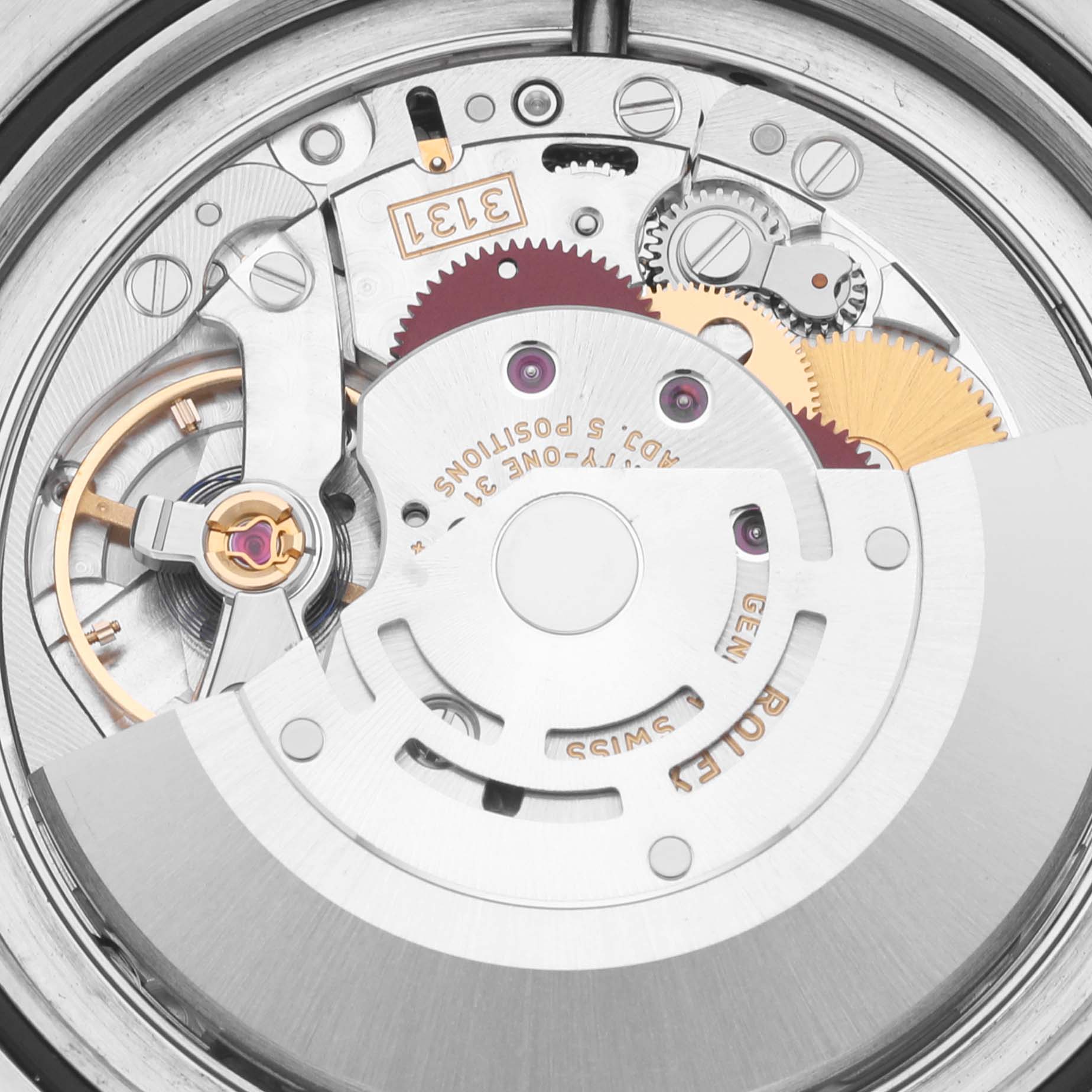 This image shows the intricate movement mechanism of a Rolex Milgauss 116400GV Men's Stainless Steel Blue Dial 116400GV Men's Stainless Steel Blue Dial watch from a top-down angle.