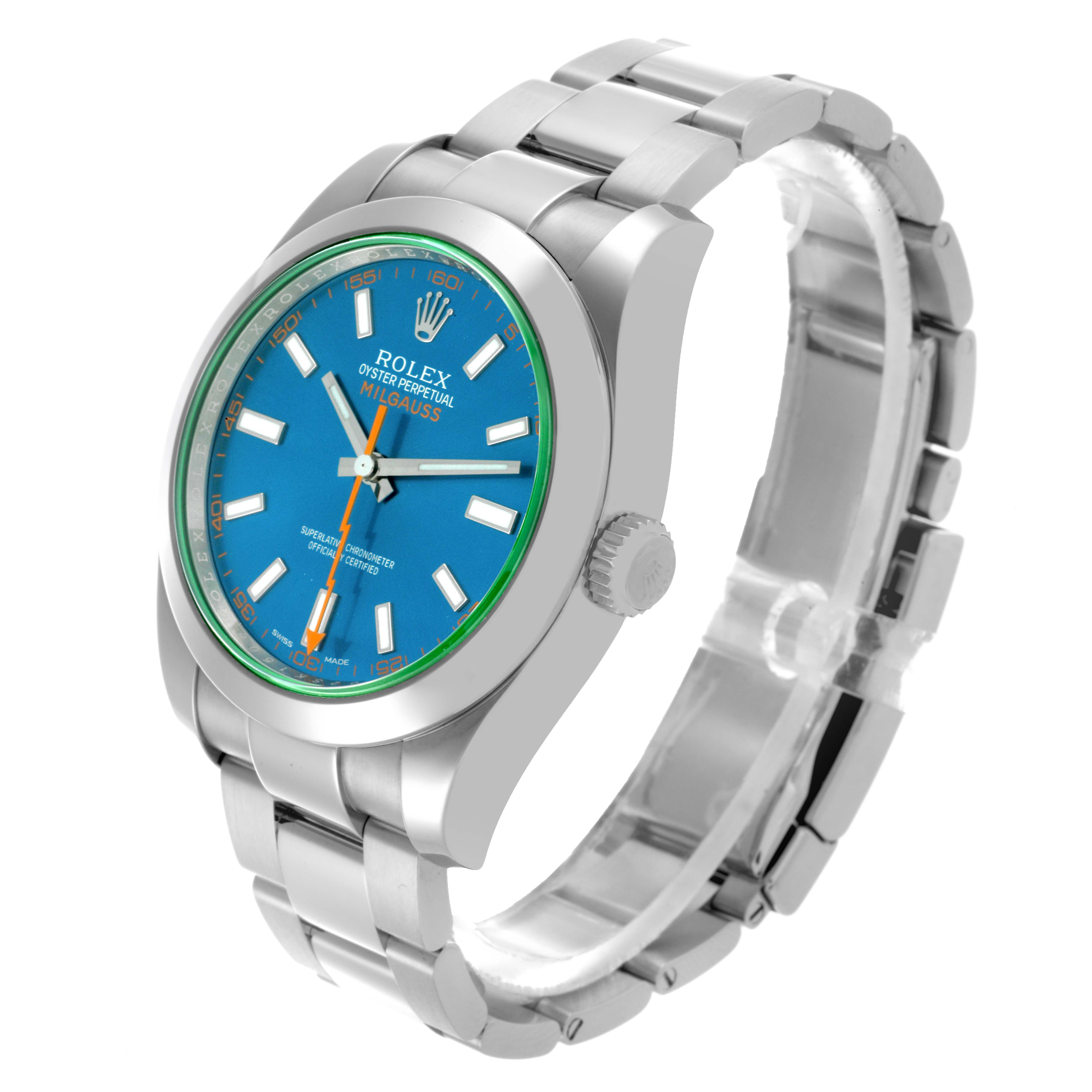 The Rolex Milgauss 116400GV Men's Stainless Steel Blue Dial 116400GV Men's Stainless Steel Blue Dial watch is shown at a slight angle, highlighting the face, bezel, crown, and bracelet.