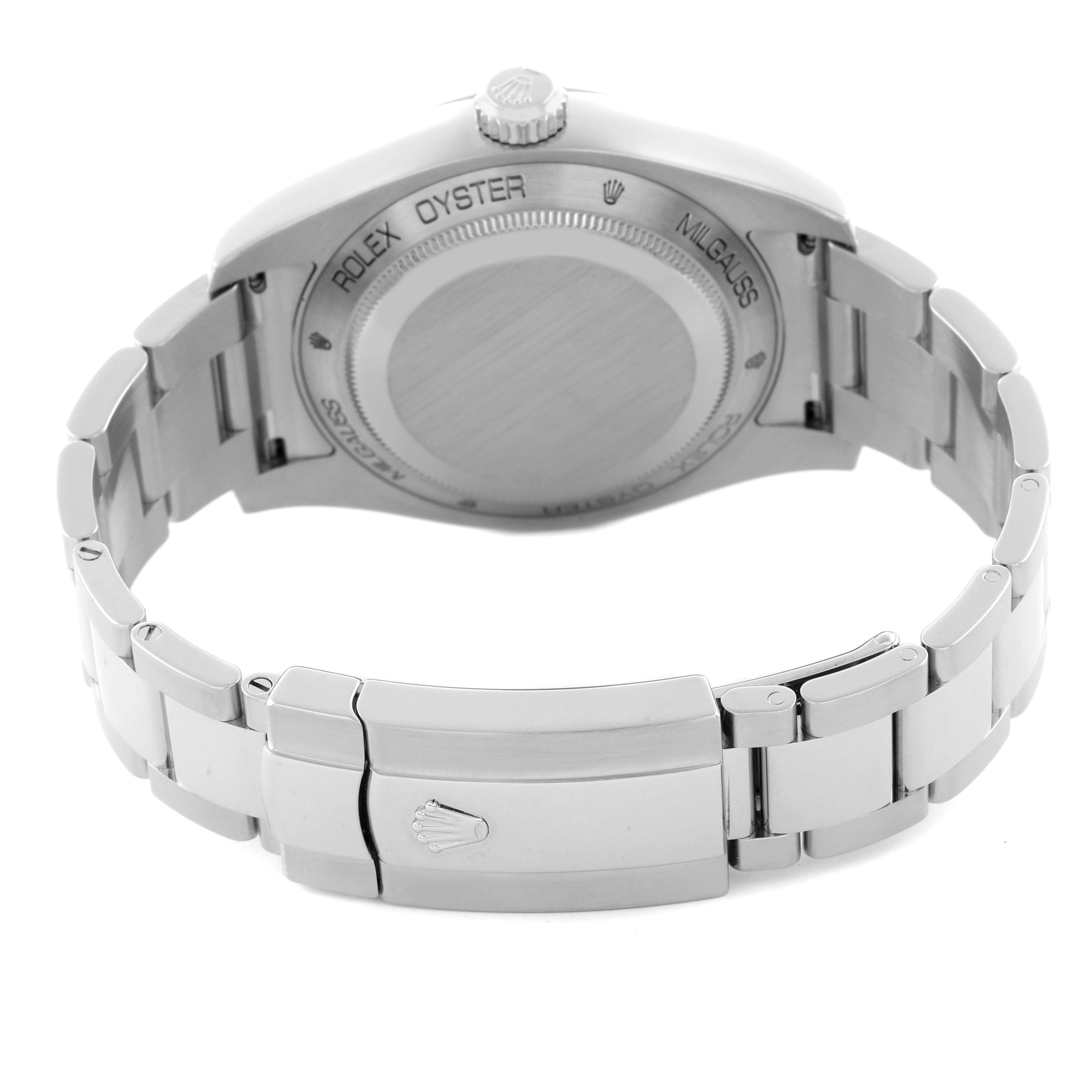 The image shows the back case and bracelet of the Rolex Milgauss 116400GV Men's Stainless Steel Blue Dial 116400GV Men's Stainless Steel Blue Dial watch, including the clasp and case back engraving.