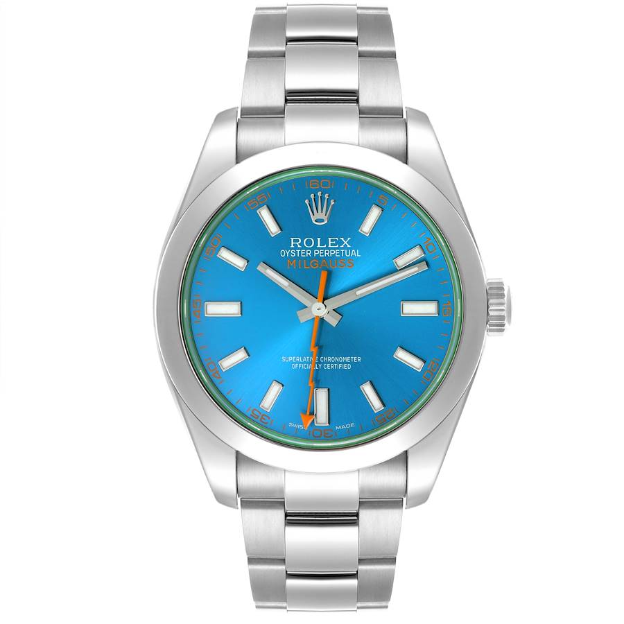 The Rolex Milgauss watch is shown from the front, displaying its face, bezel, and bracelet.