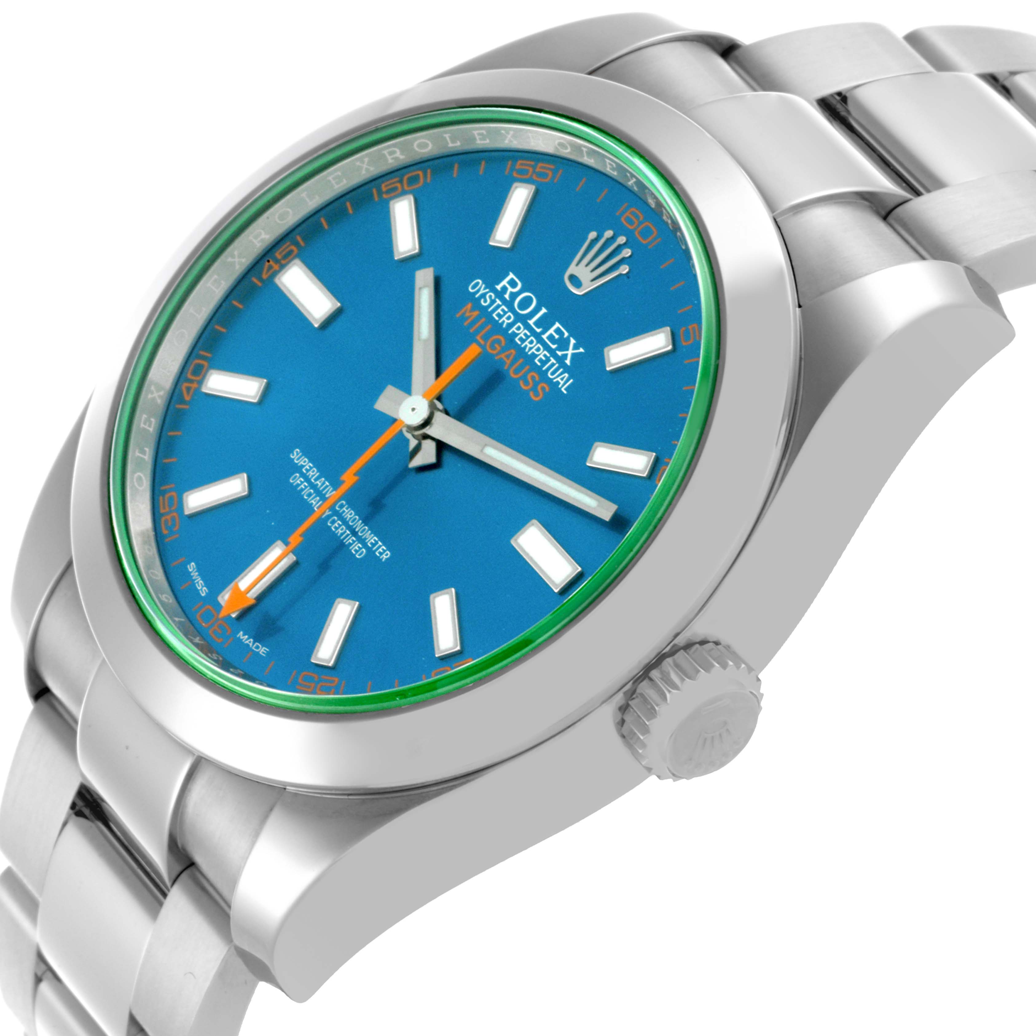 The Rolex Milgauss 116400GV Men's Stainless Steel Blue Dial 116400GV Men's Stainless Steel Blue Dial watch is shown at an angle highlighting its face, bezel, crown, and part of the bracelet.