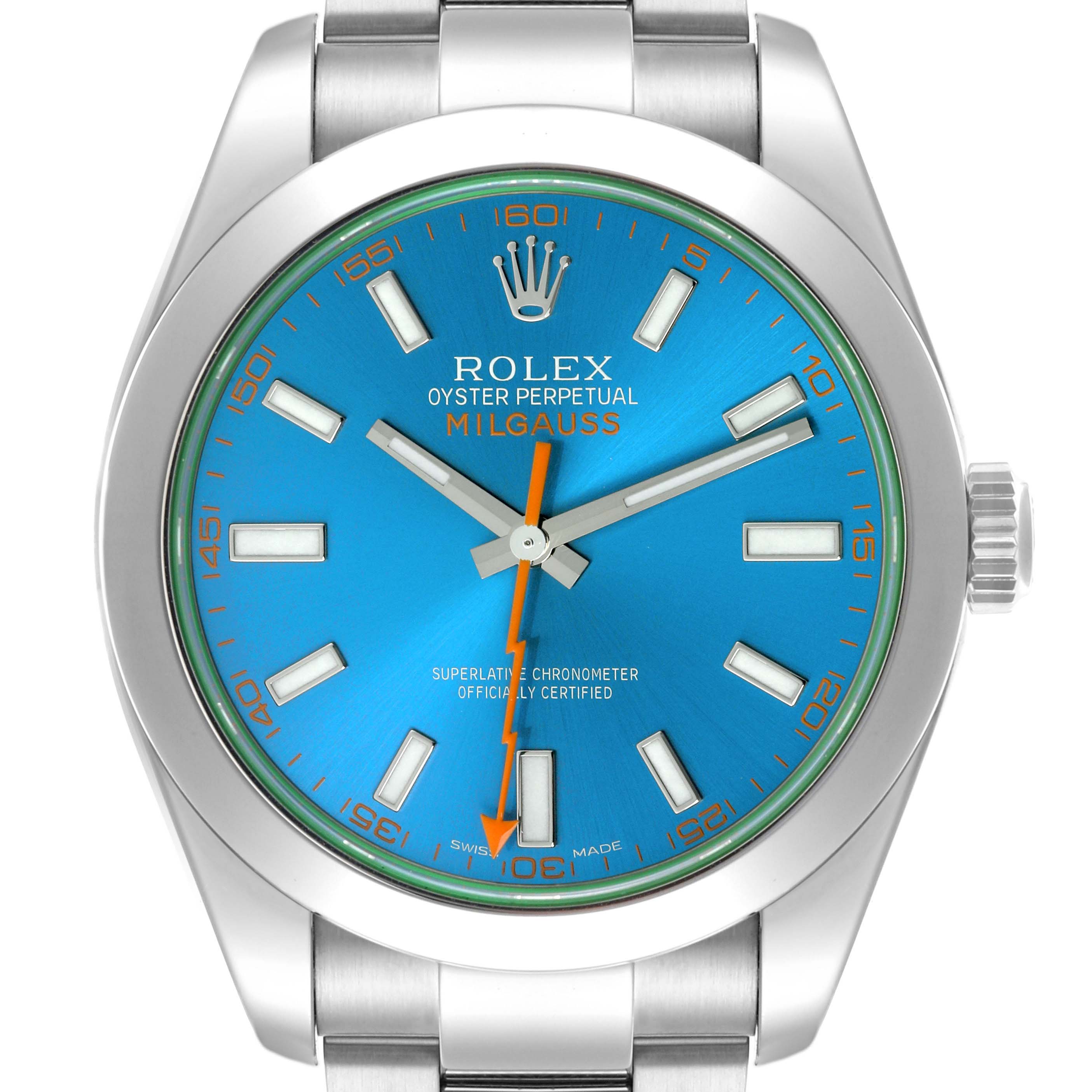 The Rolex Milgauss 116400GV Men's Stainless Steel Blue Dial 116400GV Men's Stainless Steel Blue Dial watch is shown from a front angle, displaying its dial, case, and bracelet.