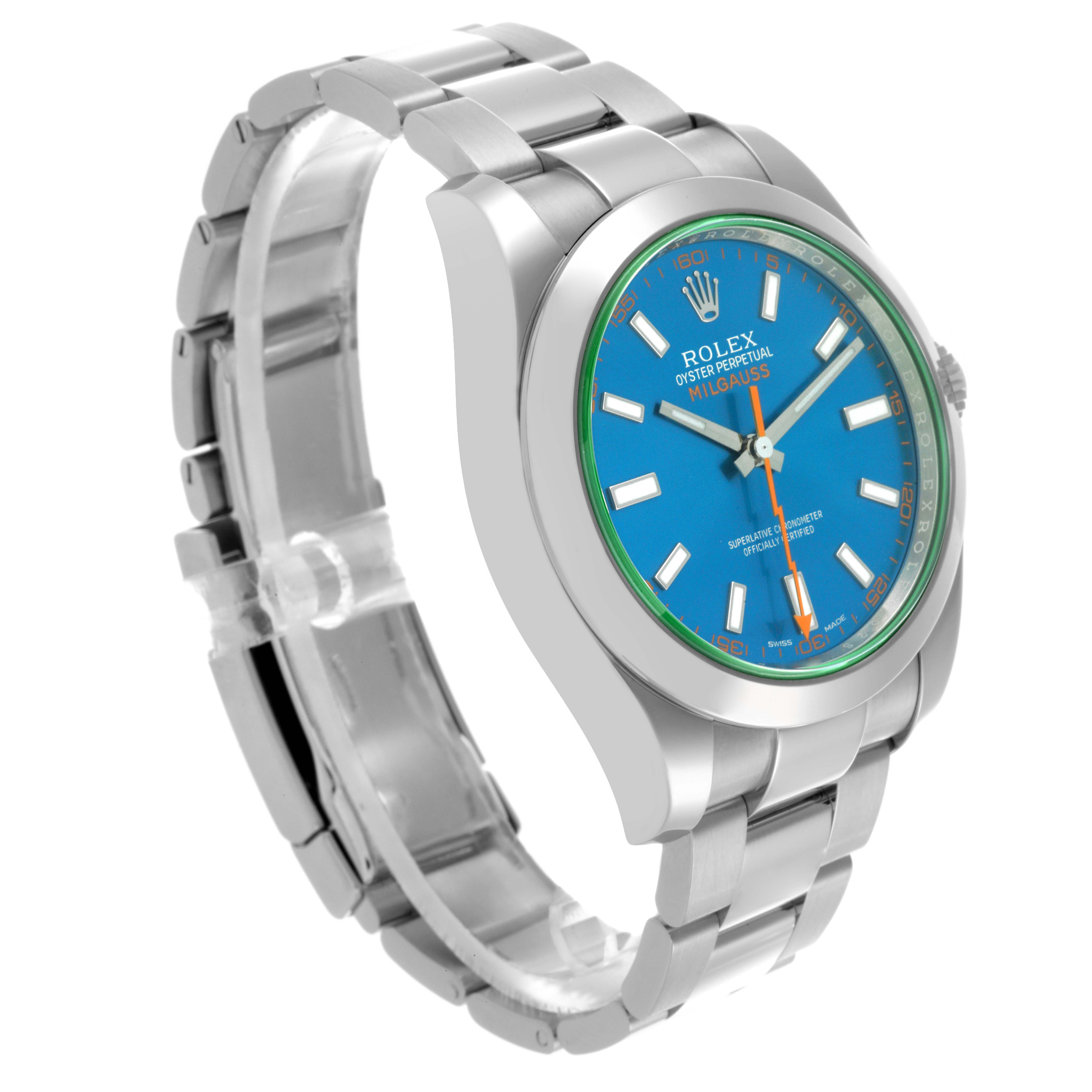 The Rolex Milgauss 116400GV Men's Stainless Steel Blue Dial 116400GV Men's Stainless Steel Blue Dial watch is shown at a side angle, highlighting the bracelet, bezel, and blue dial.