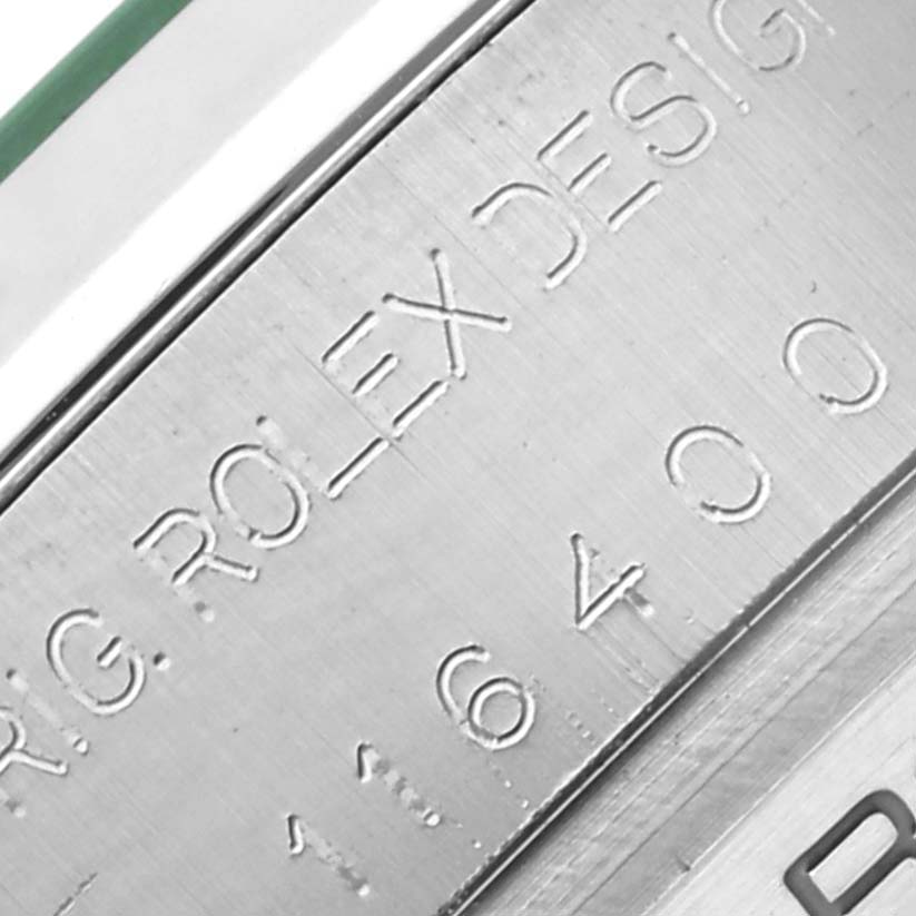 This close-up shows the engraved side of the Rolex Milgauss 116400GV Men's Stainless Steel Blue Dial 116400GV Men's Stainless Steel Blue Dial watch, highlighting the model details.