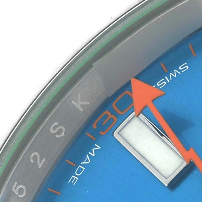 The image shows a close-up of the Rolex Milgauss 116400GV Men's Stainless Steel Blue Dial 116400GV Men's Stainless Steel Blue Dial watch face, highlighting the hour markers and seconds hand.