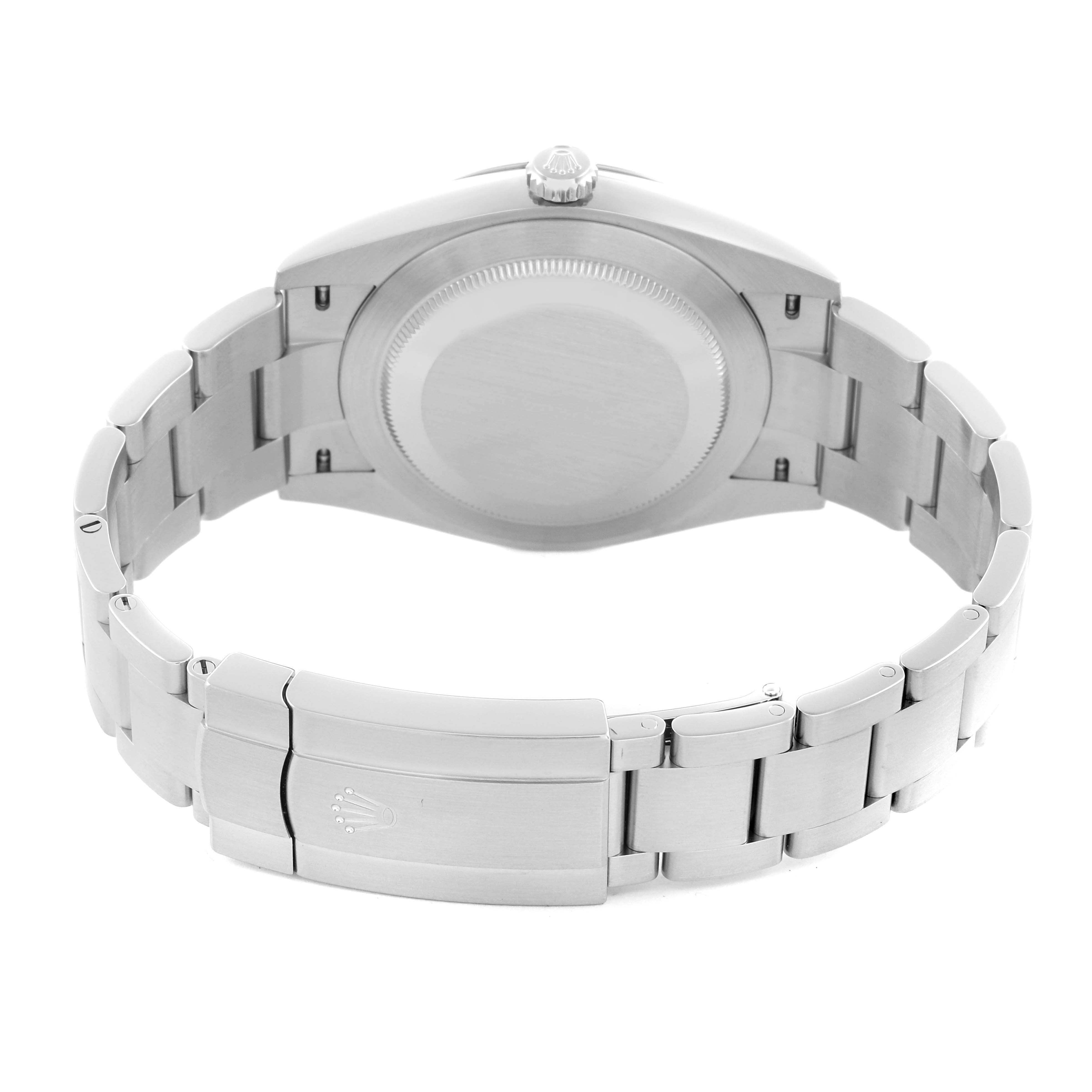 The image shows the back view of a Rolex Oyster Perpetual 124300 Men's Stainless Steel Blue Dial 124300 Men's Stainless Steel Blue Dial watch, focusing on the case back and bracelet clasp.