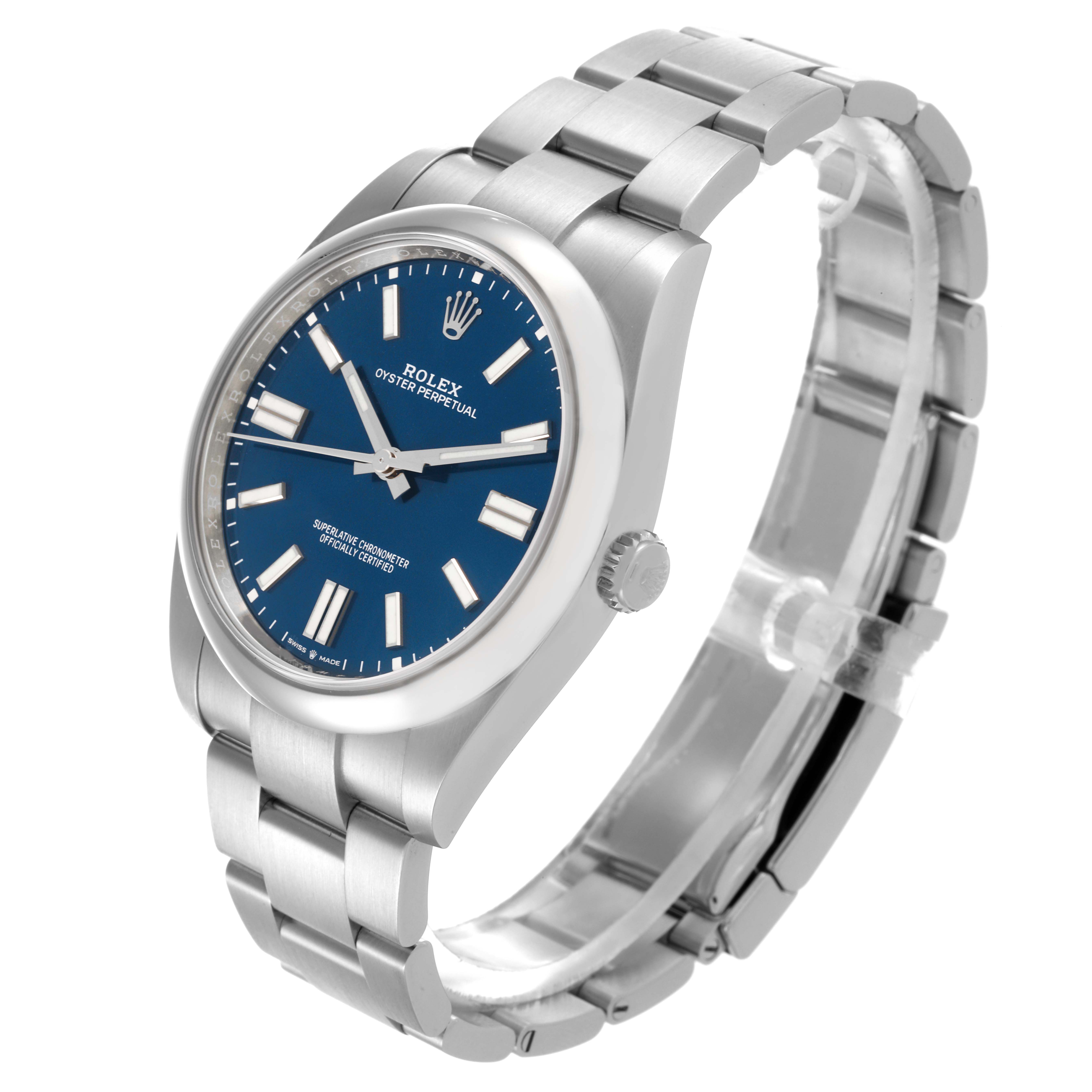 The Rolex Oyster Perpetual 124300 Men's Stainless Steel Blue Dial 124300 Men's Stainless Steel Blue Dial is shown at a three-quarter angle, displaying the face, crown, and bracelet.