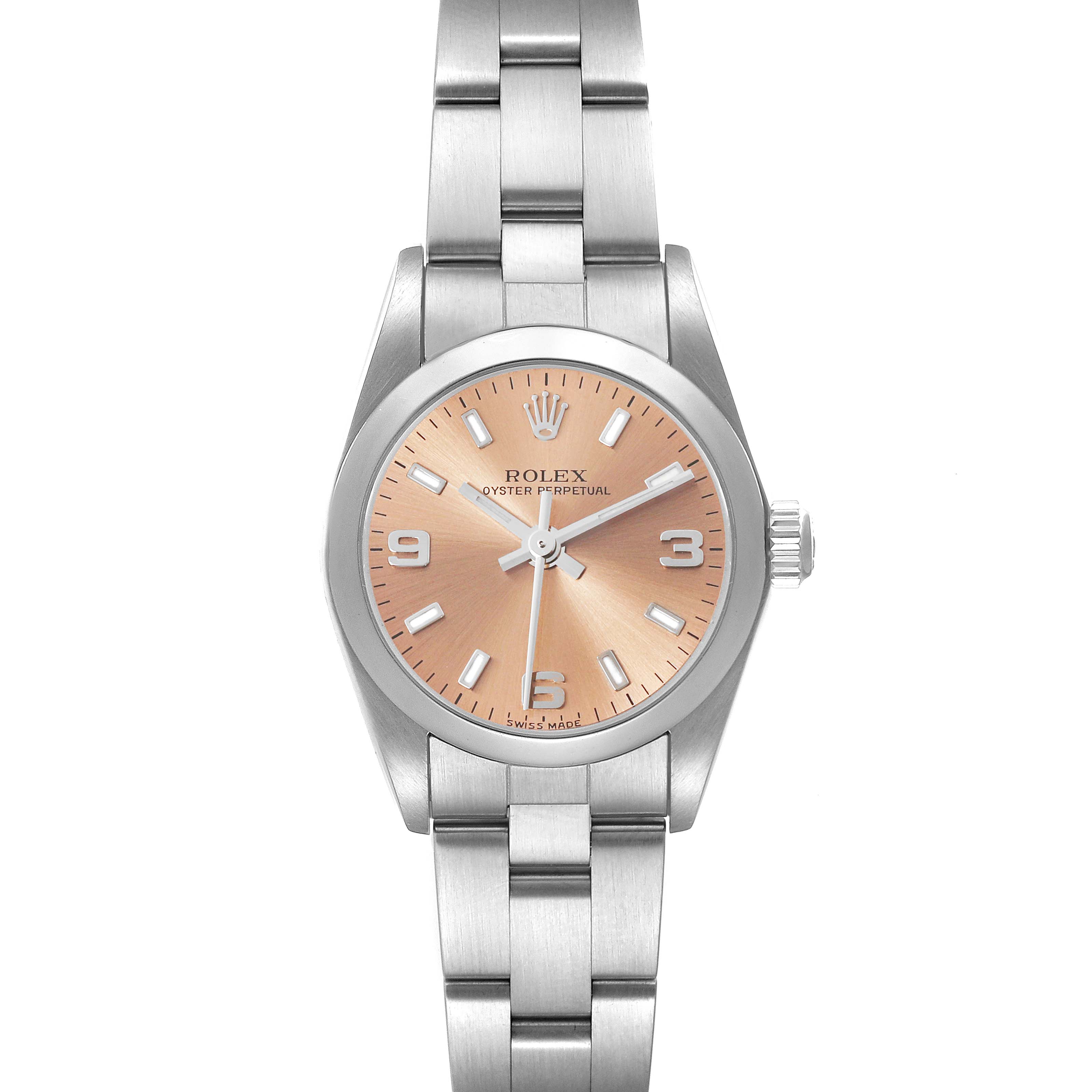 The Rolex Oyster Perpetual 76080 Women's Stainless Steel Pink Dial 76080 Women's Stainless Steel Pink Dial watch is shown from a front view, displaying the face, crown, and part of the bracelet.
