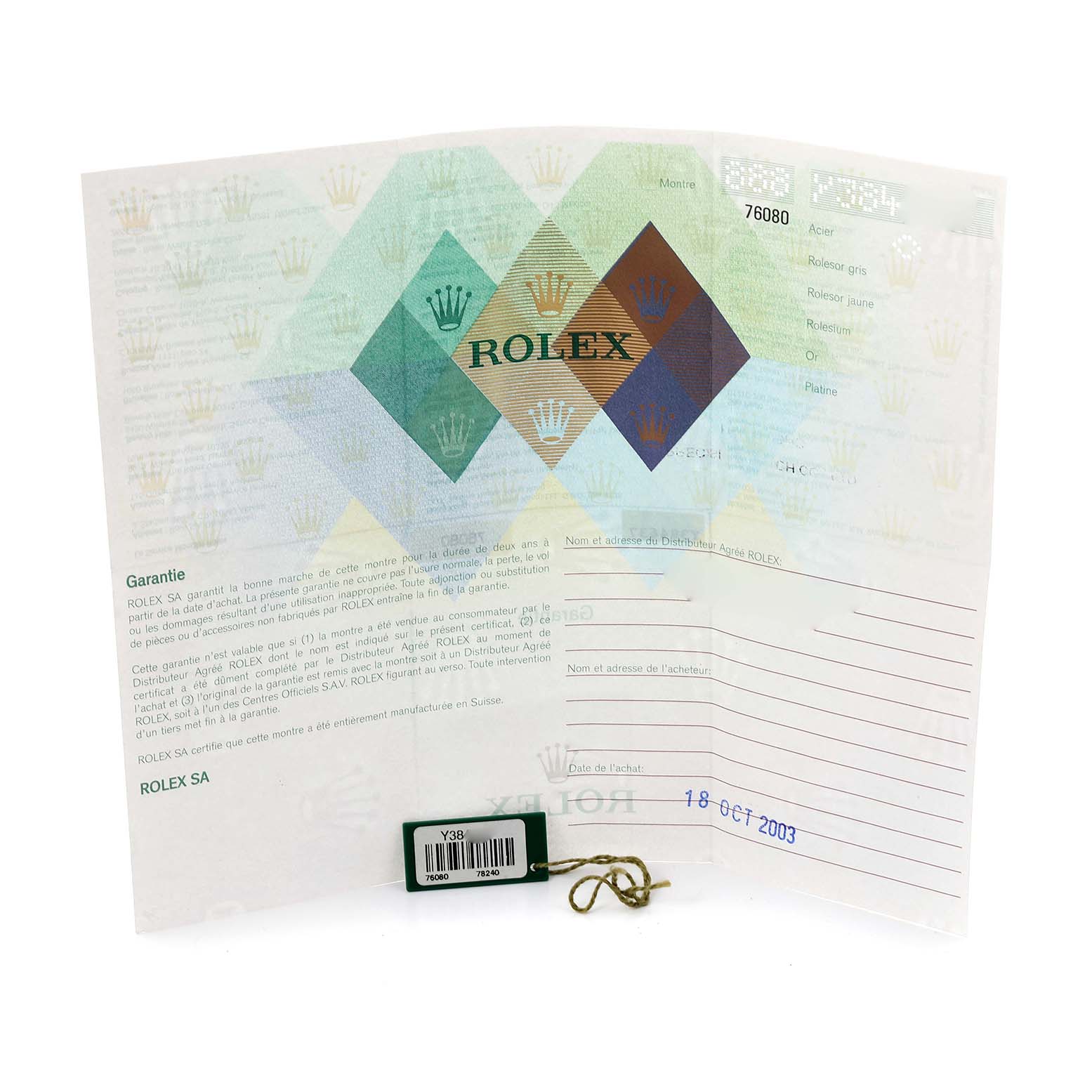 The image shows a Rolex Oyster Perpetual 76080 Women's Stainless Steel Pink Dial 76080 Women's Stainless Steel Pink Dial warranty document and a tag, not the watch itself.