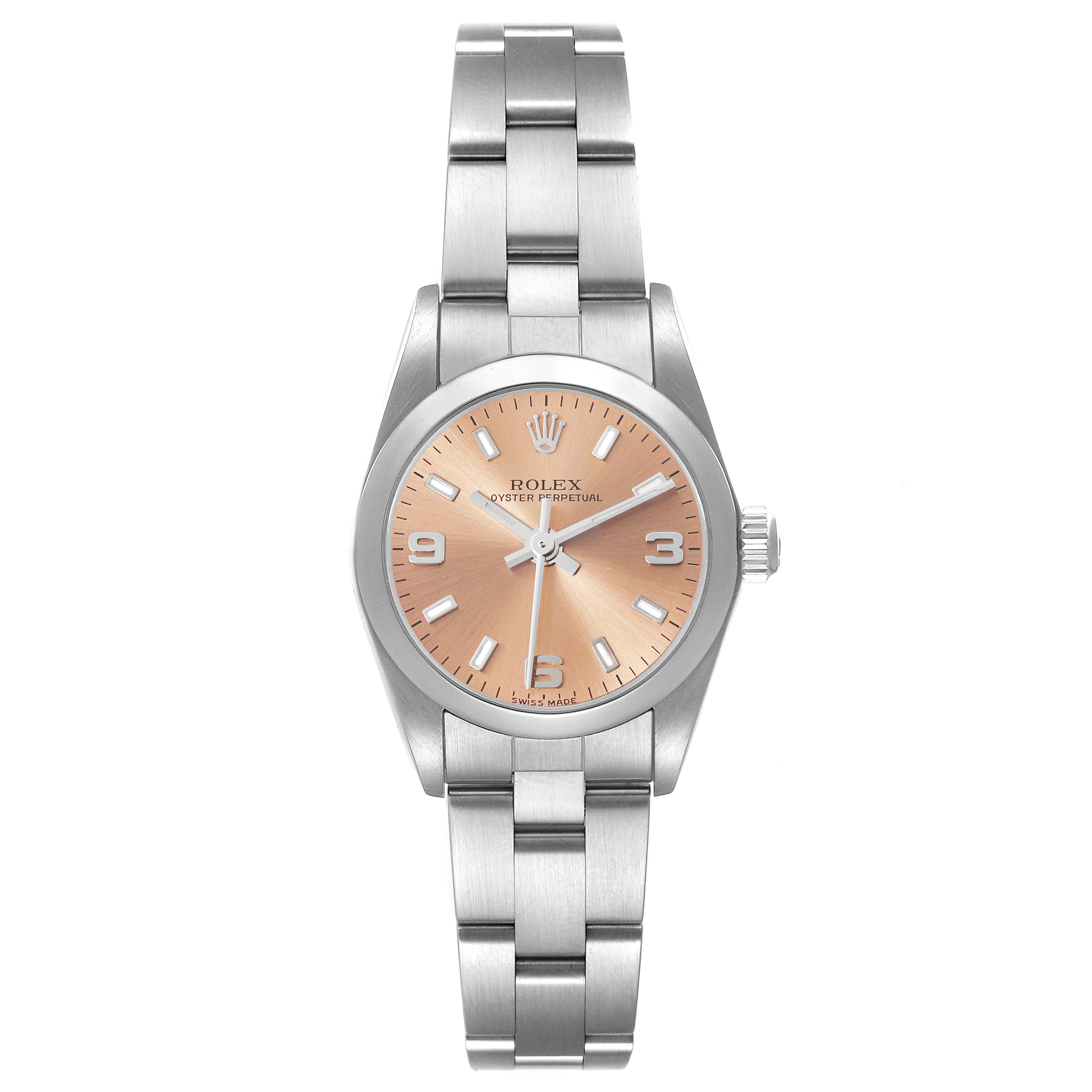 The Rolex Oyster Perpetual 76080 Women's Stainless Steel Pink Dial 76080 Women's Stainless Steel Pink Dial watch is shown from the front, displaying the dial, case, crown, and bracelet.