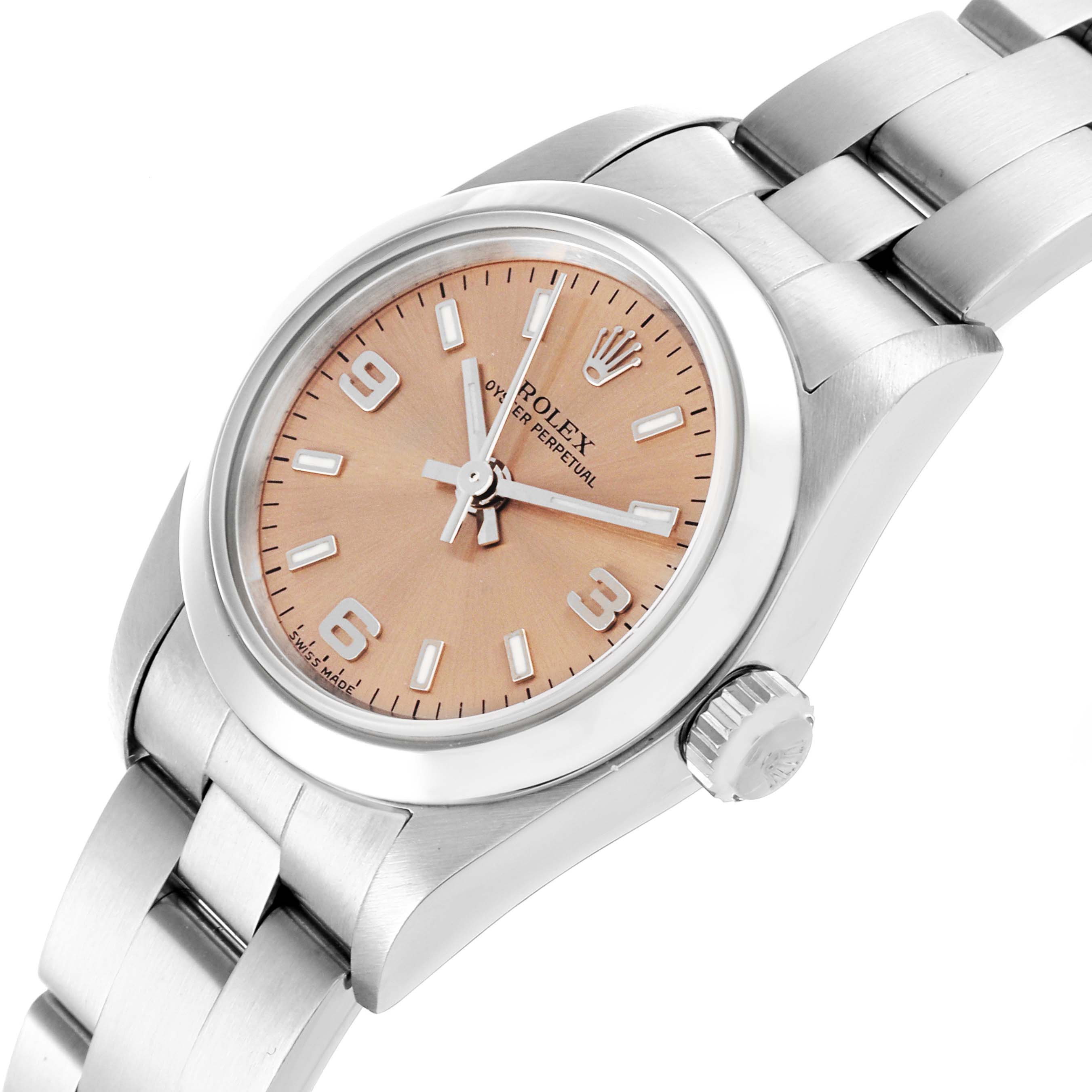 The Rolex Oyster Perpetual 76080 Women's Stainless Steel Pink Dial 76080 Women's Stainless Steel Pink Dial is shown from an angled side view, highlighting the dial, bezel, crown, and part of the bracelet.