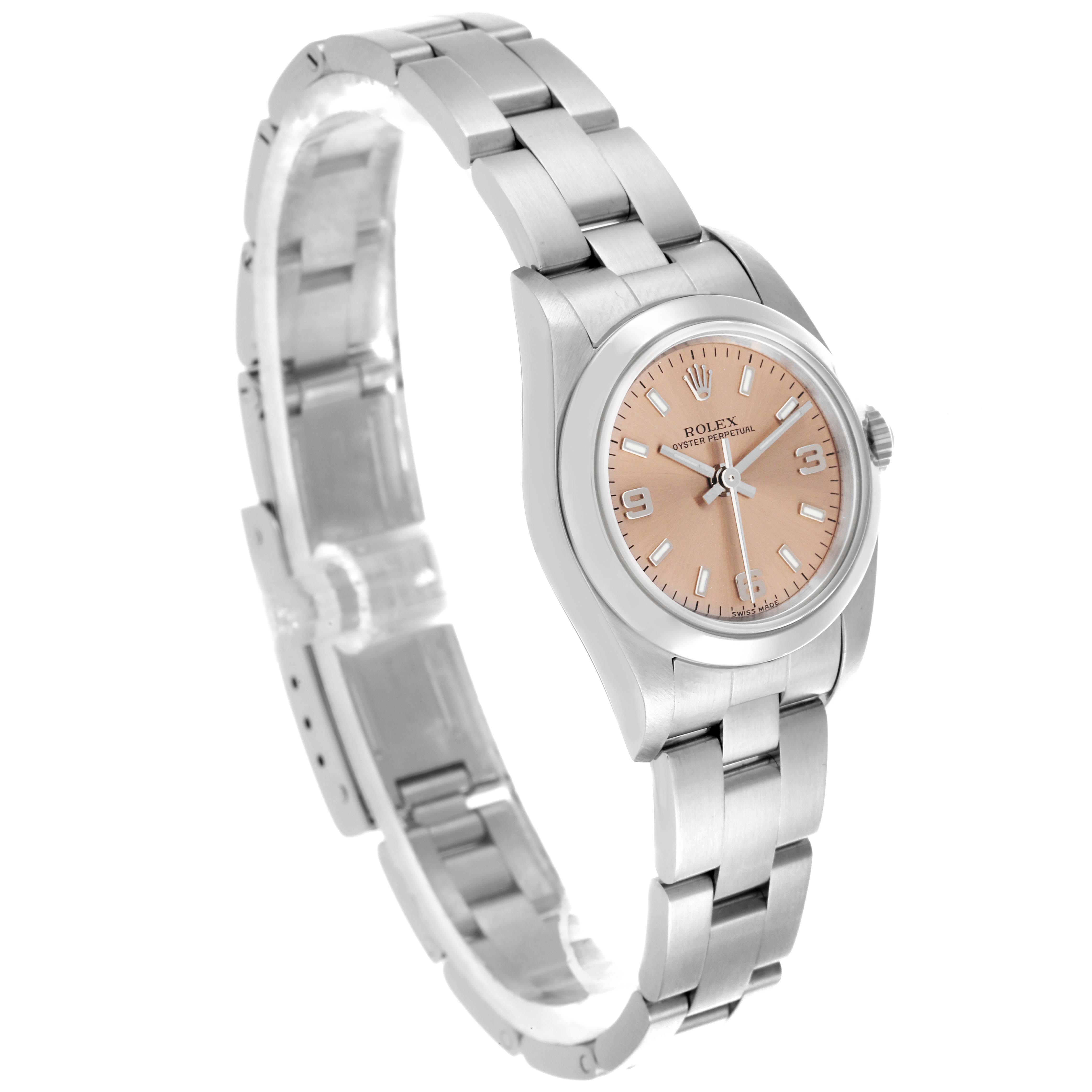 The Rolex Oyster Perpetual 76080 Women's Stainless Steel Pink Dial 76080 Women's Stainless Steel Pink Dial watch is shown at a slight angle, displaying the dial, bezel, and bracelet.