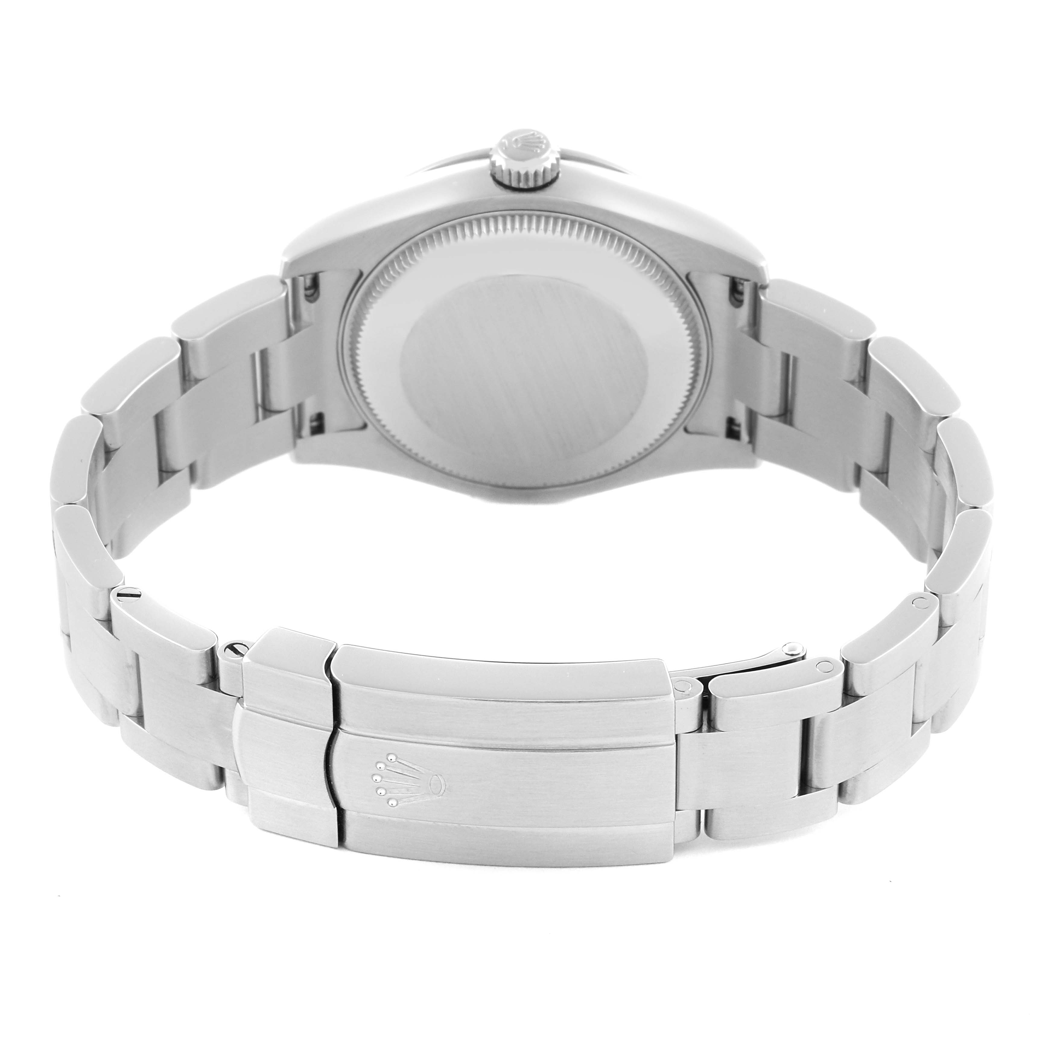 The image shows the back case and bracelet clasp of a Rolex Mid-Size 177200 Women's Stainless Steel White Dial 177200 Women's Stainless Steel White Dial watch from a rear angle.