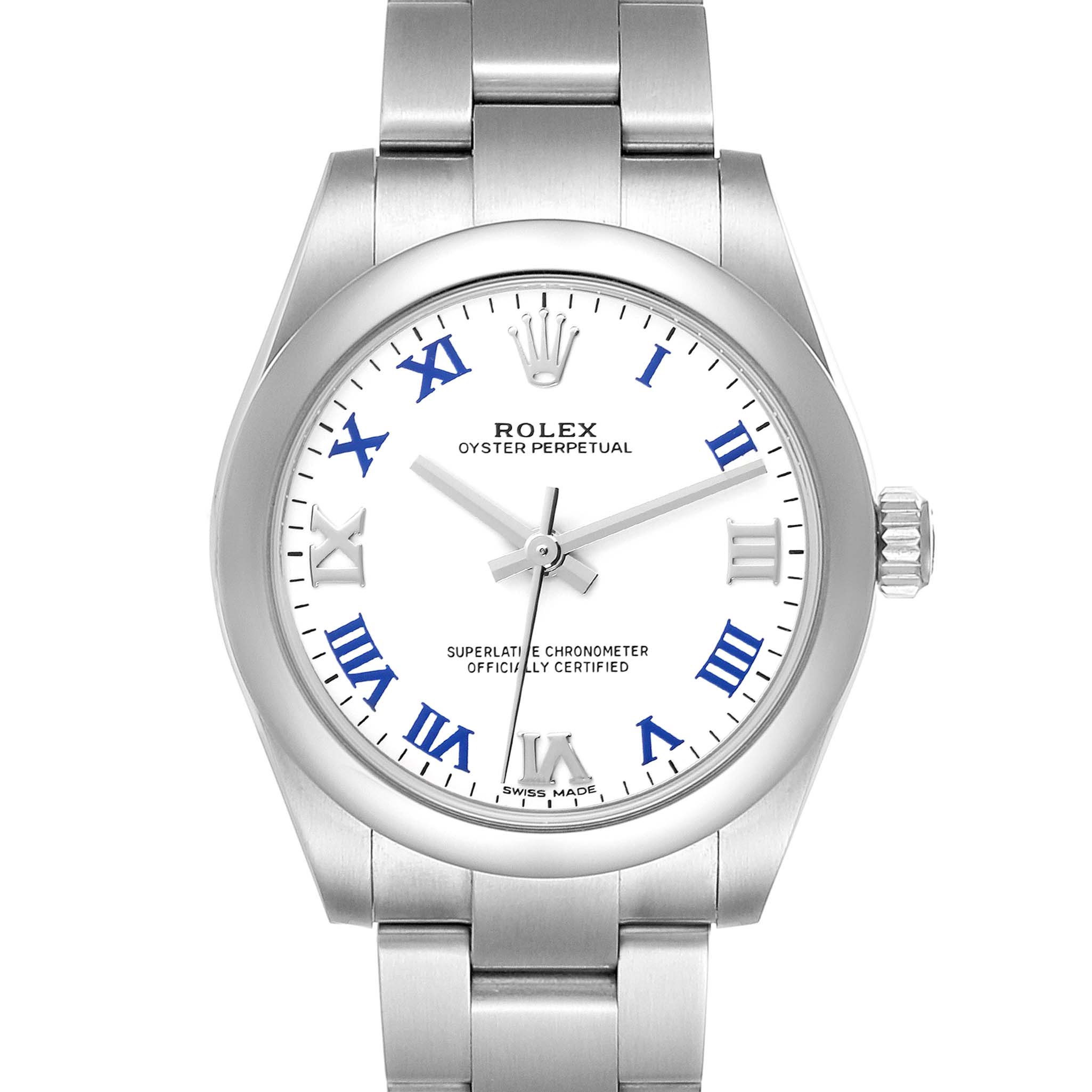 The Rolex Mid-Size 177200 Women's Stainless Steel White Dial 177200 Women's Stainless Steel White Dial watch is shown from the front, displaying the face, bezel, crown, and two links of the bracelet.