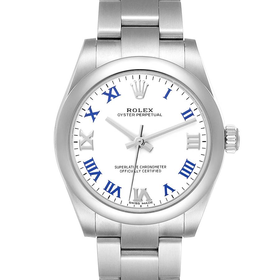 The Rolex Mid-Size watch is shown from the front, displaying the face, bezel, crown, and two links of the bracelet.