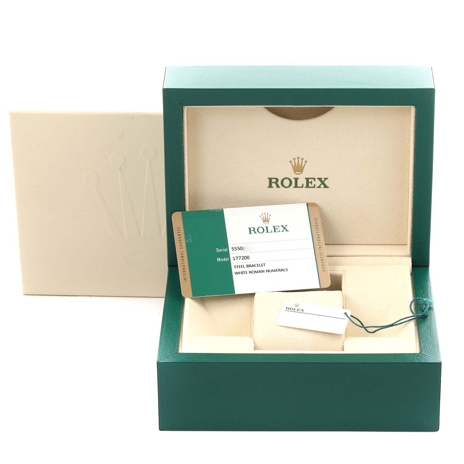 The image shows a Rolex Mid-Size 177200 Women's Stainless Steel White Dial 177200 Women's Stainless Steel White Dial watch box with an authenticity card and tag, viewed from the front.