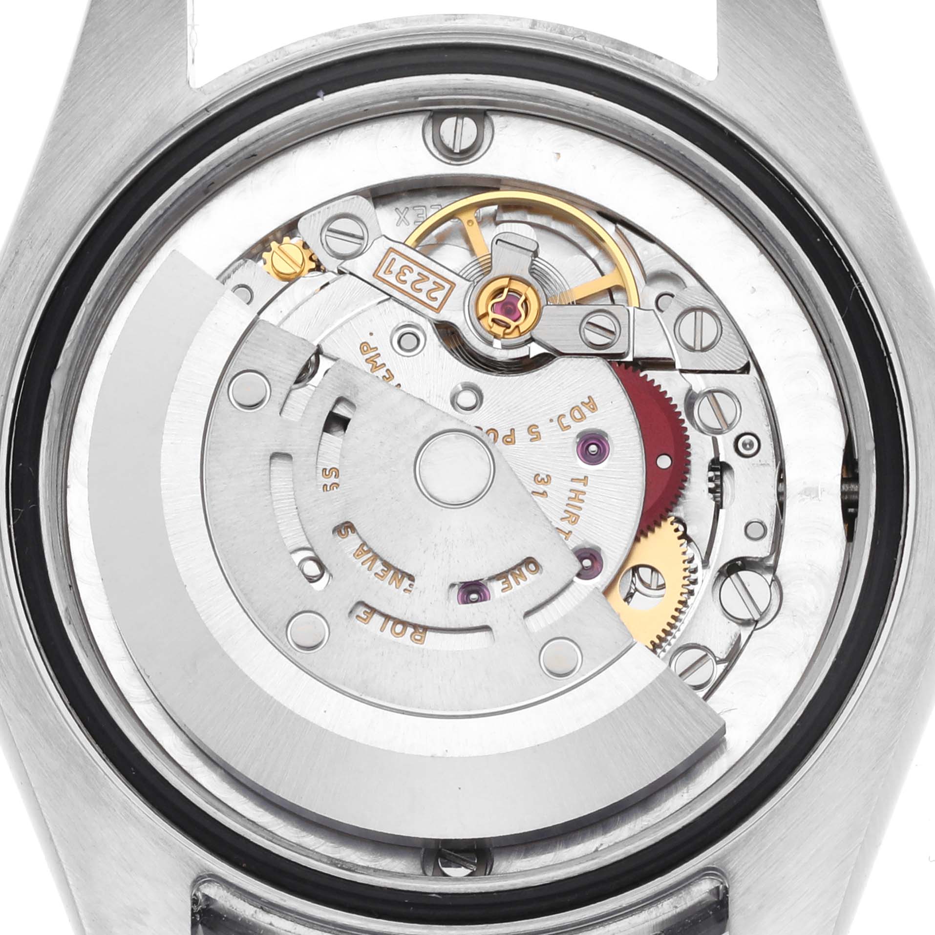 The image shows the movement and inner mechanism of a Rolex Mid-Size 177200 Women's Stainless Steel White Dial 177200 Women's Stainless Steel White Dial watch from a back view.