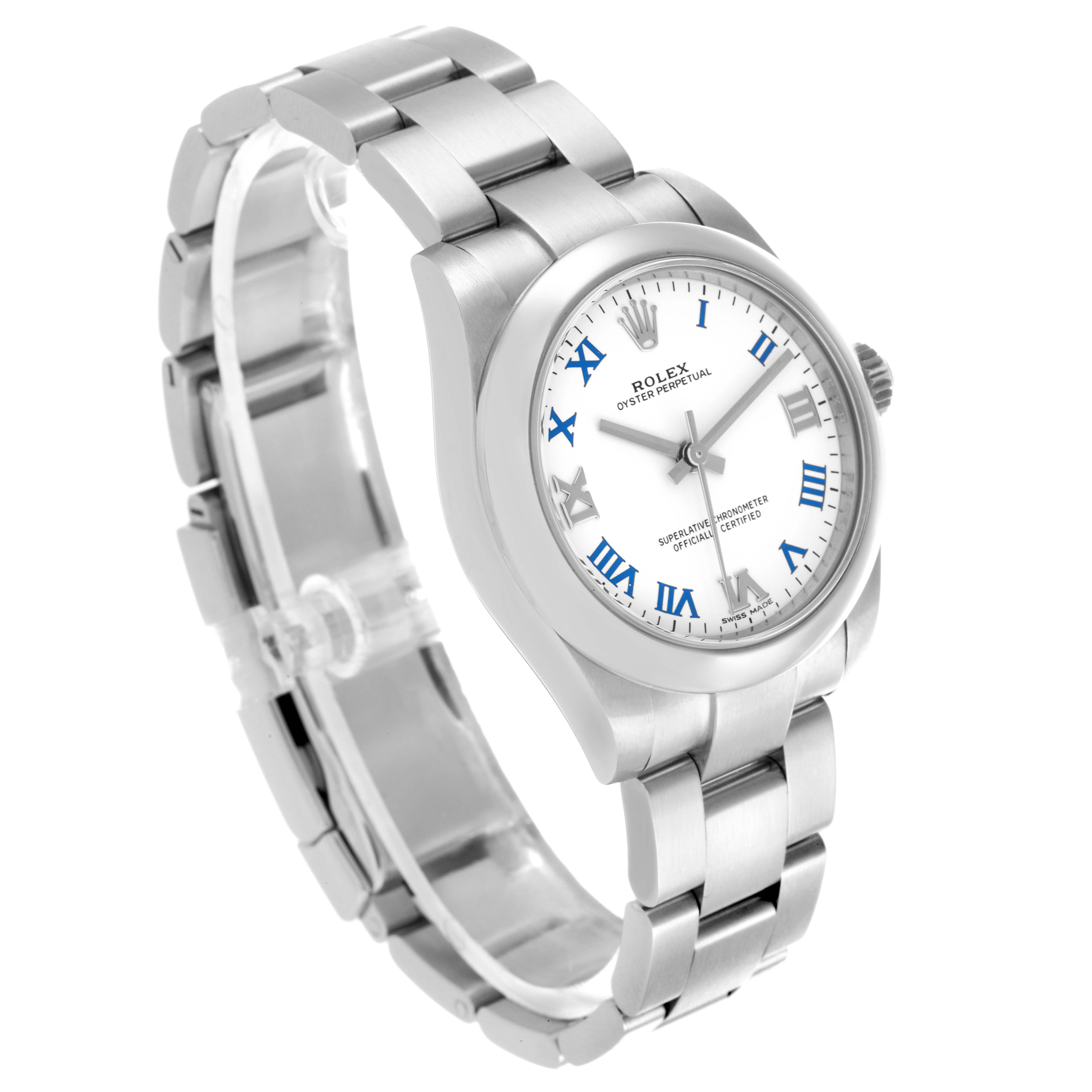 The Rolex Mid-Size 177200 Women's Stainless Steel White Dial 177200 Women's Stainless Steel White Dial model is shown at a three-quarter angle, displaying its white dial, blue Roman numerals, and metal bracelet.