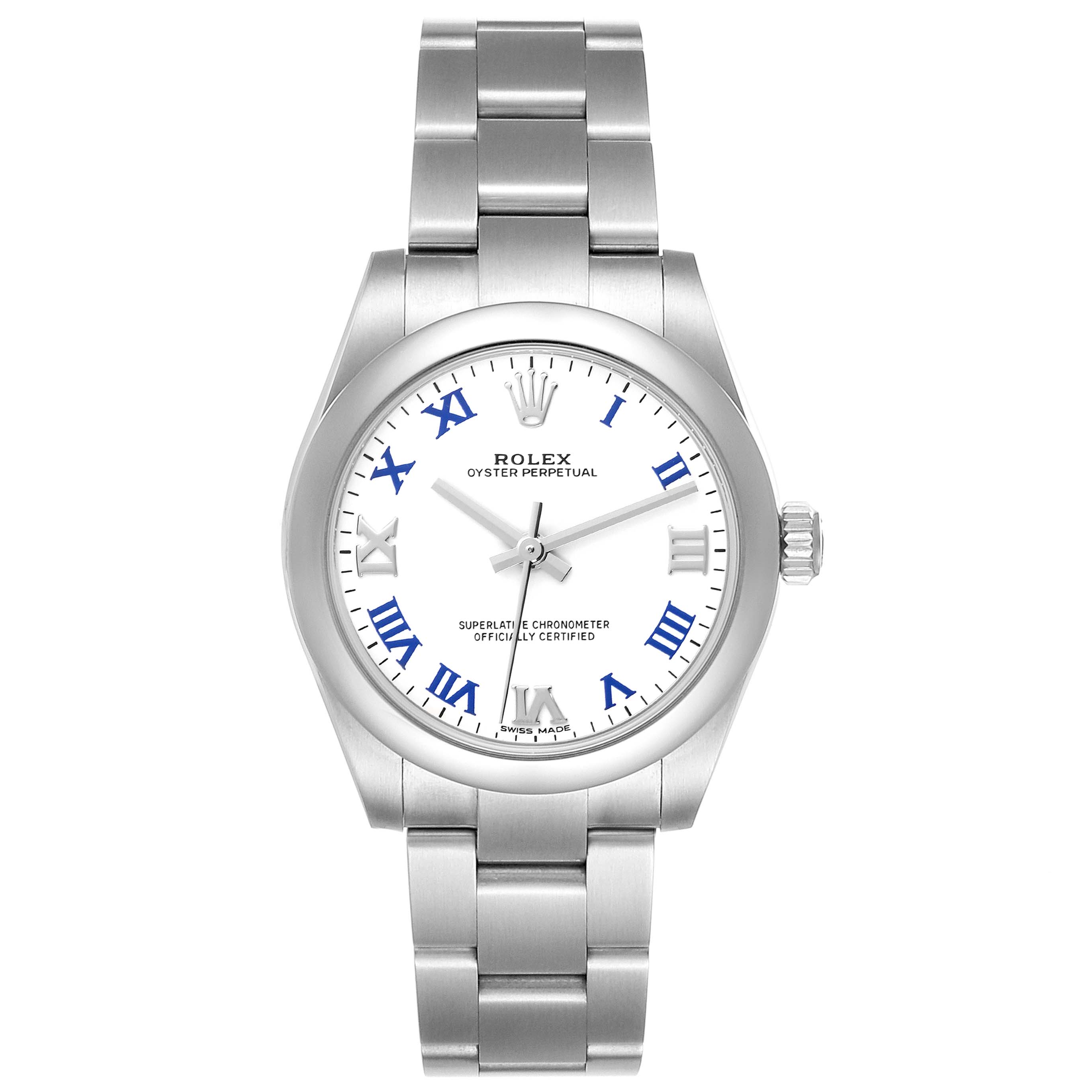 The Rolex Oyster Perpetual Mid-Size watch is shown from a front angle, highlighting the dial and bracelet.