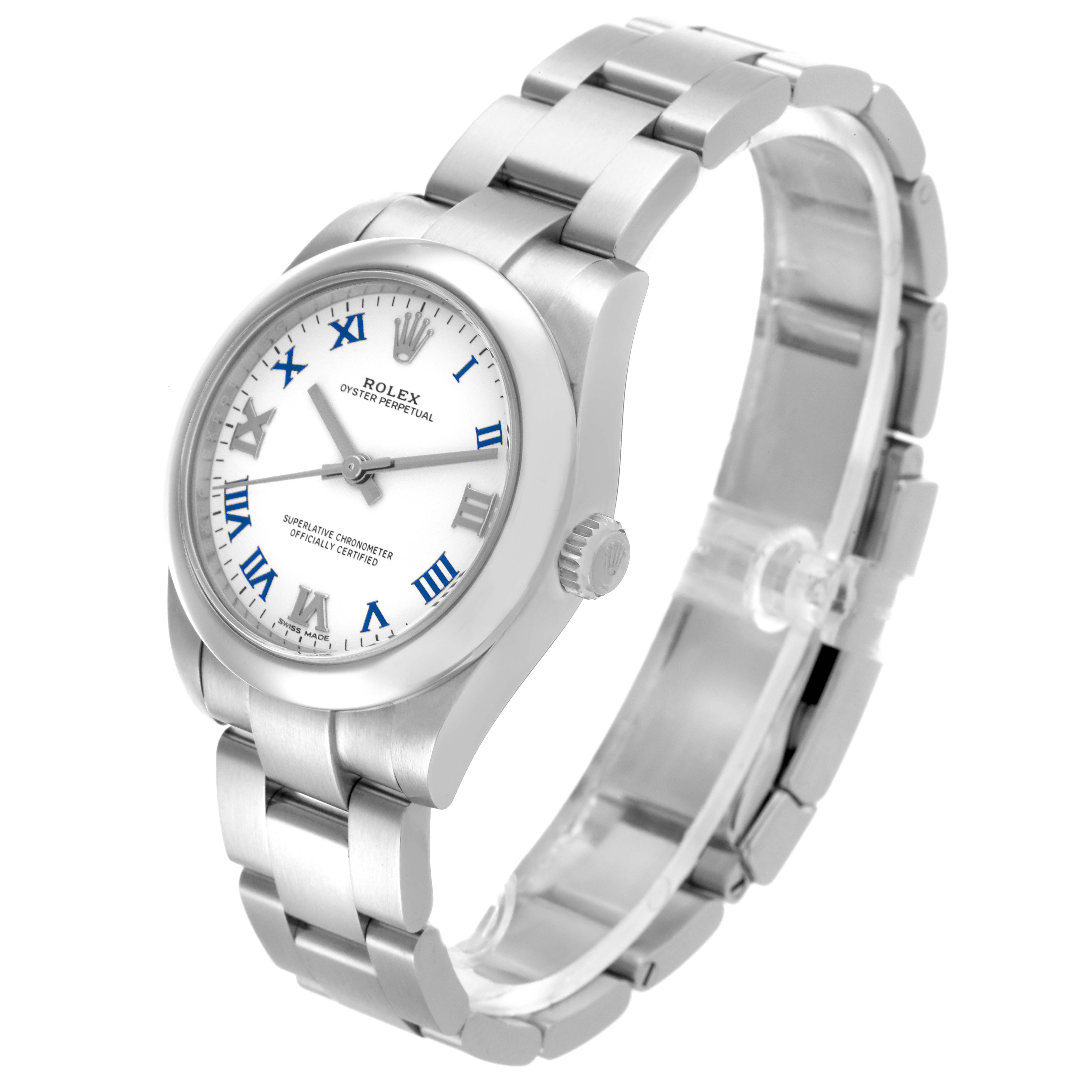 The Rolex Mid-Size 177200 Women's Stainless Steel White Dial 177200 Women's Stainless Steel White Dial watch is shown at a three-quarter angle, displaying the face, bracelet, and crown.