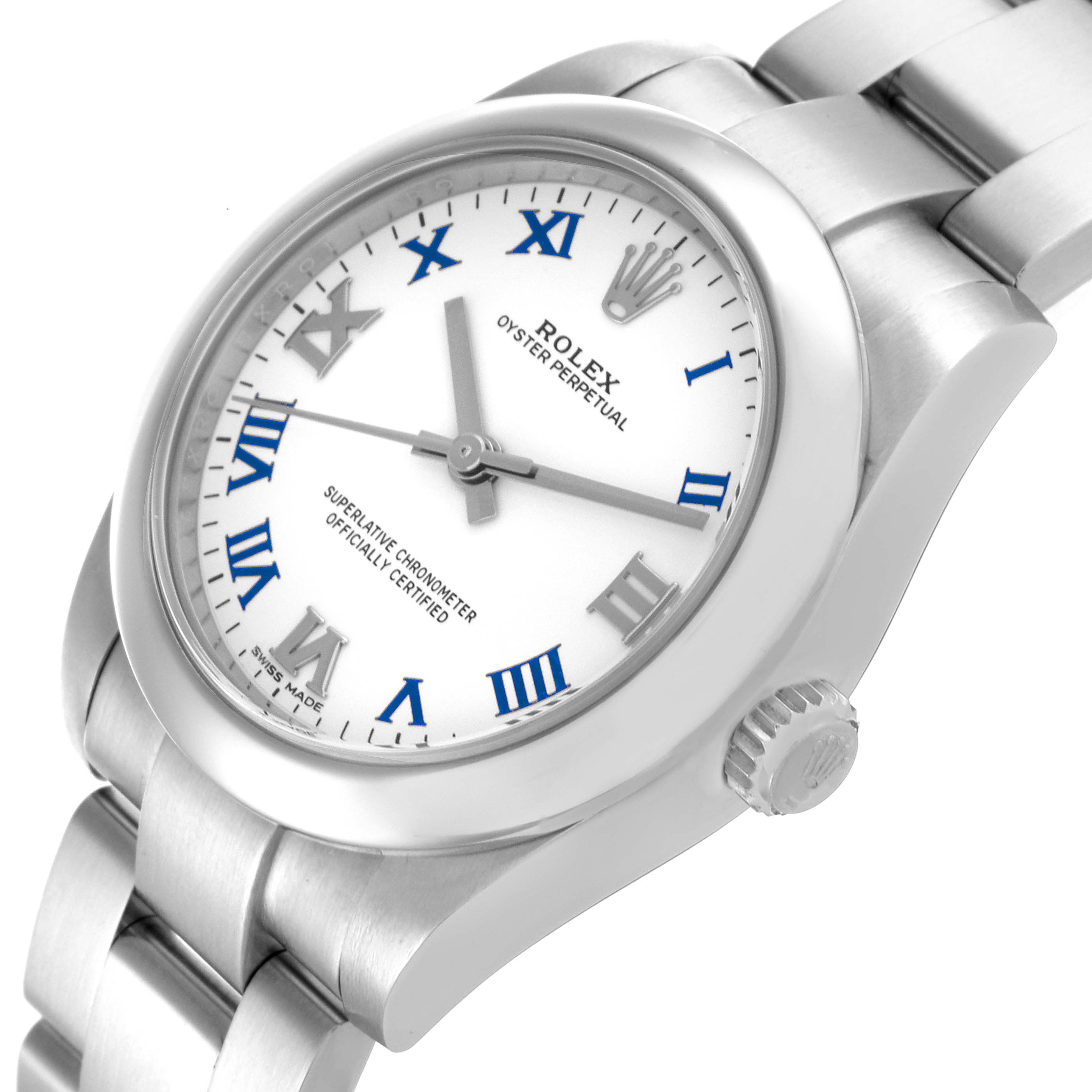 The Rolex Oyster Perpetual Mid-Size watch is shown at an angle highlighting the bezel, face, and part of the bracelet.